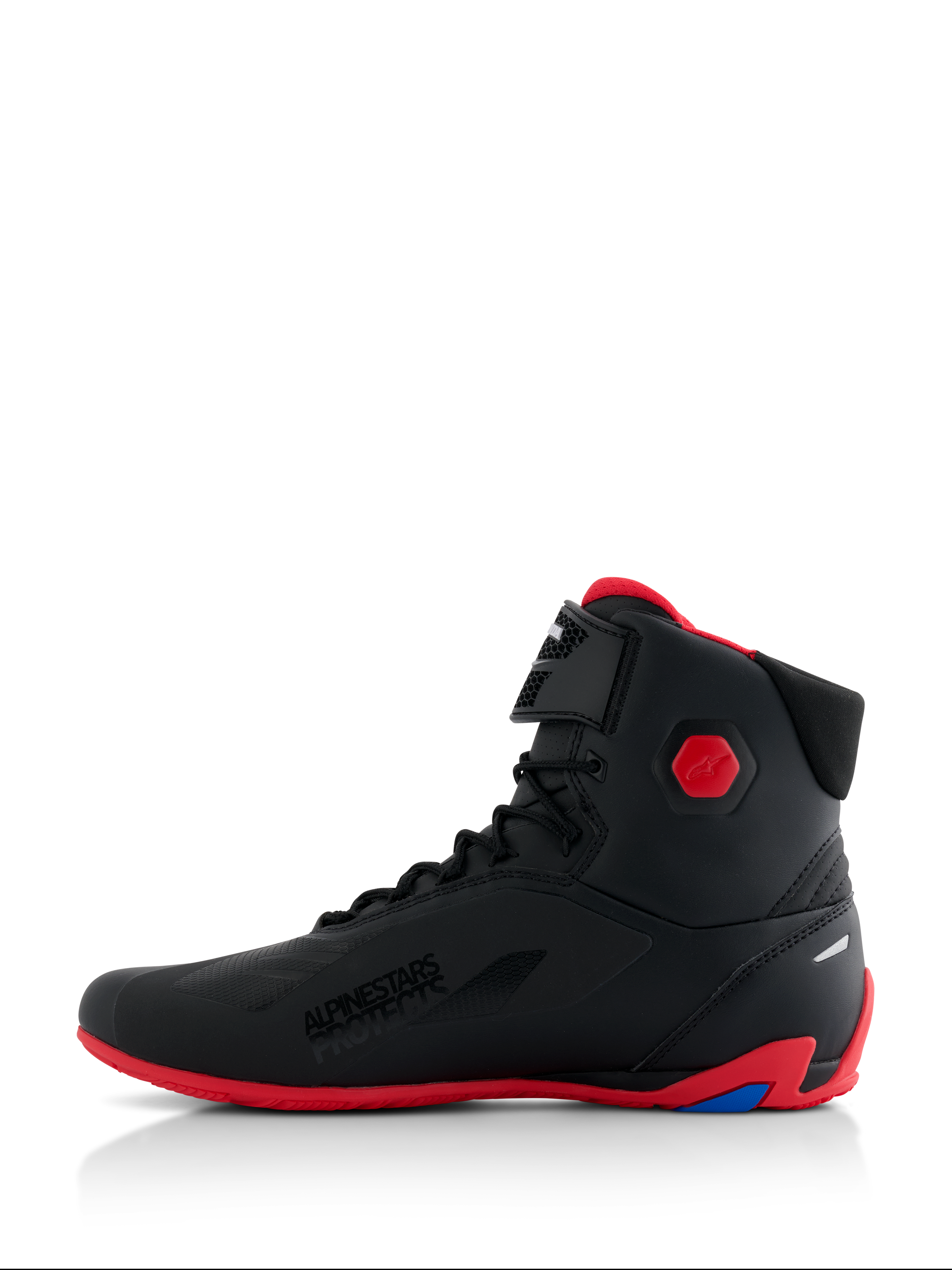 Alpinestars Honda Faster-4 Shoes, Motorcycle Riding Shoes, Black and Red, side profile view, featuring a bright red sole and hexagonal ankle protector, high-top sneaker style with lace closure and hook-and-loop strap, 'Alpinestars Protects' branding, sleek performance footwear for road riding