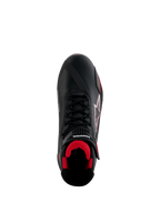 Alpinestars Honda Faster-4 Shoes, Motorcycle Riding Shoes, Black and Red, top-down view featuring black microfiber upper, red mesh interior, traditional black laces, and Alpinestars and Honda branding