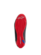 Alpinestars Honda Faster-4 Shoes, Sole View, Bright Red textured rubber outsole, features white Alpinestars logo on heel and wordmark on arch, integrated grip pattern for motorcycle riding, black side accents
