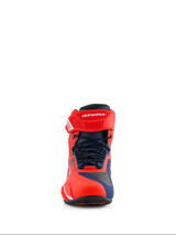 Alpinestars MM93 Faster-4 Shoes, motorcycle riding shoes, Red Fluo and Dark Blue, front view showing technical microfiber upper, lace-up closure with adjustable hook-and-loop ankle strap, sporty high-performance design