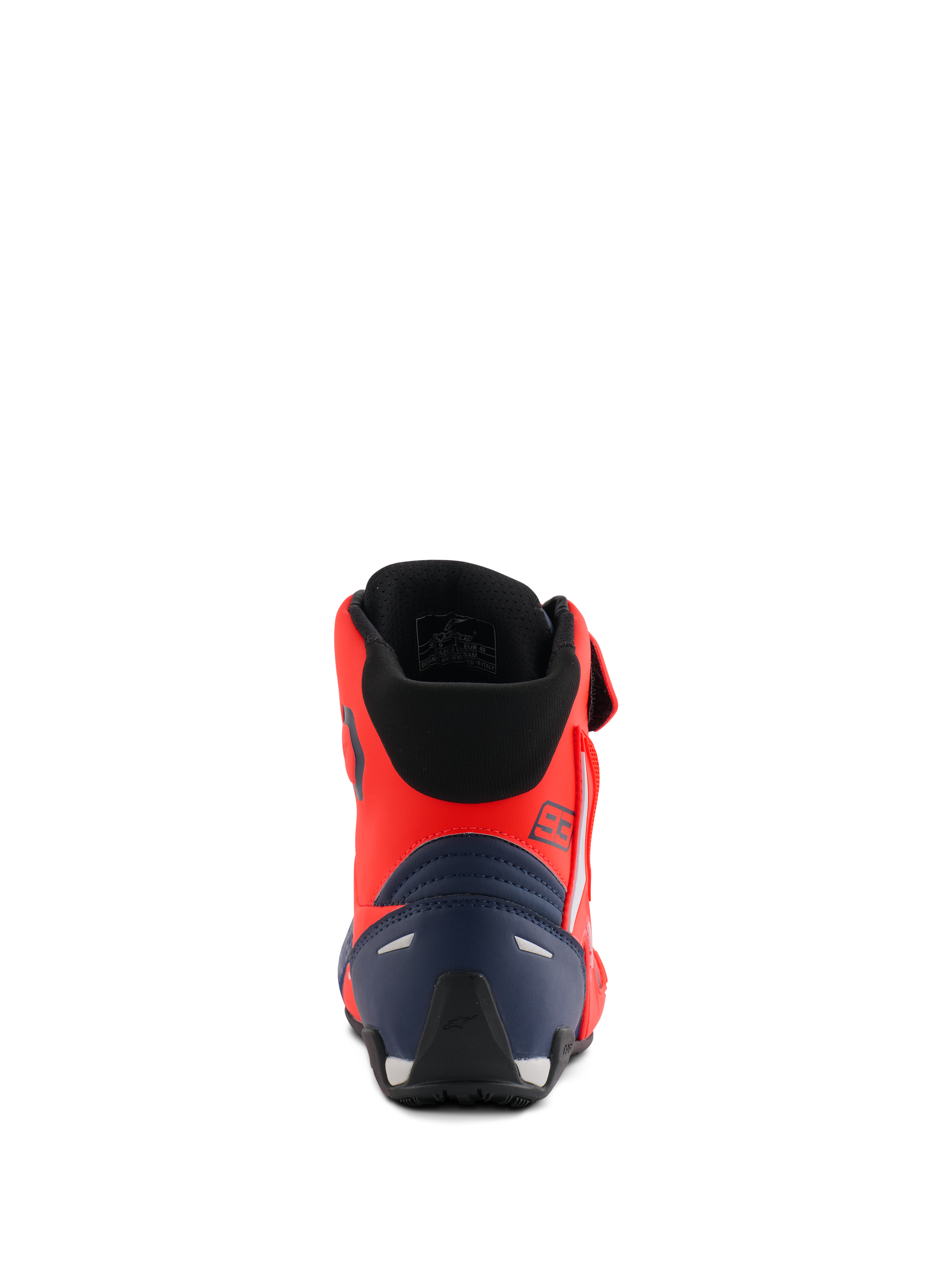Alpinestars MM93 Faster-4 Shoes, Motorcycle Riding Shoes, Red Fluo and Dark Blue, rear view showing the 93 branding, reinforced heel counter, and black mesh interior