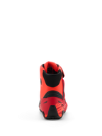 Alpinestars MM93 Faster-4 Shoes, Motorcycle Riding Shoes, Red Fluo Bright Red and Black, rear view showing TPR heel counter and black textile collar, ergonomic design with racing-inspired accents