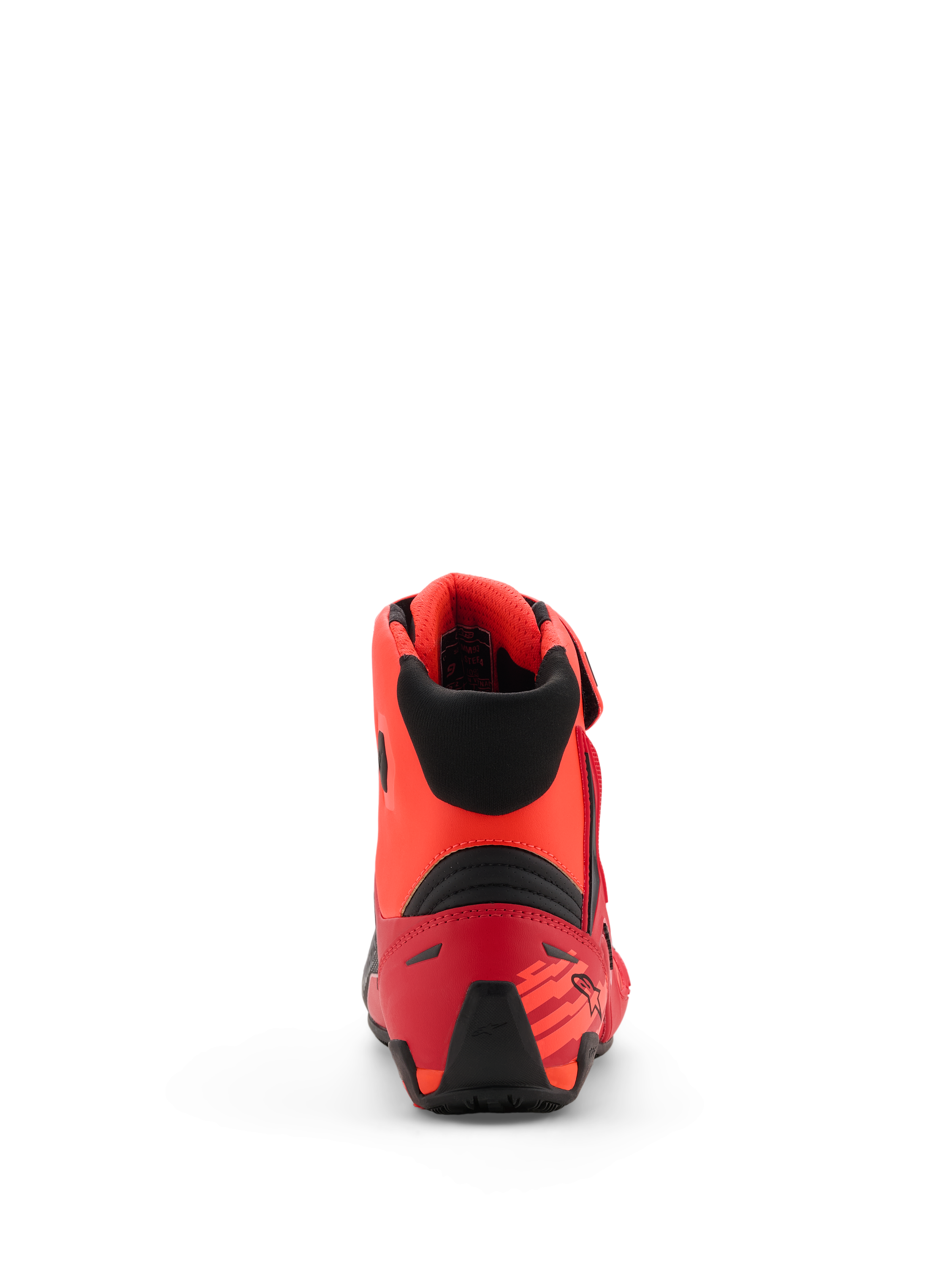 Alpinestars MM93 Faster-4 Shoes, Motorcycle Riding Shoes, Red Fluo Bright Red and Black, rear view showing TPR heel counter and black textile collar, ergonomic design with racing-inspired accents