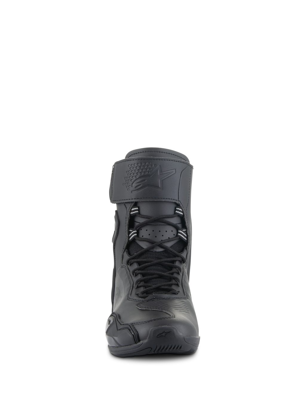 Alpinestars Superfaster Riding Shoes, Negro Negro, vista frontal de calzado de motociclismo de caña alta con sistema de cordones rápidos, correa superior ancha con logotipo en relieve y diseño protector aerodinámico