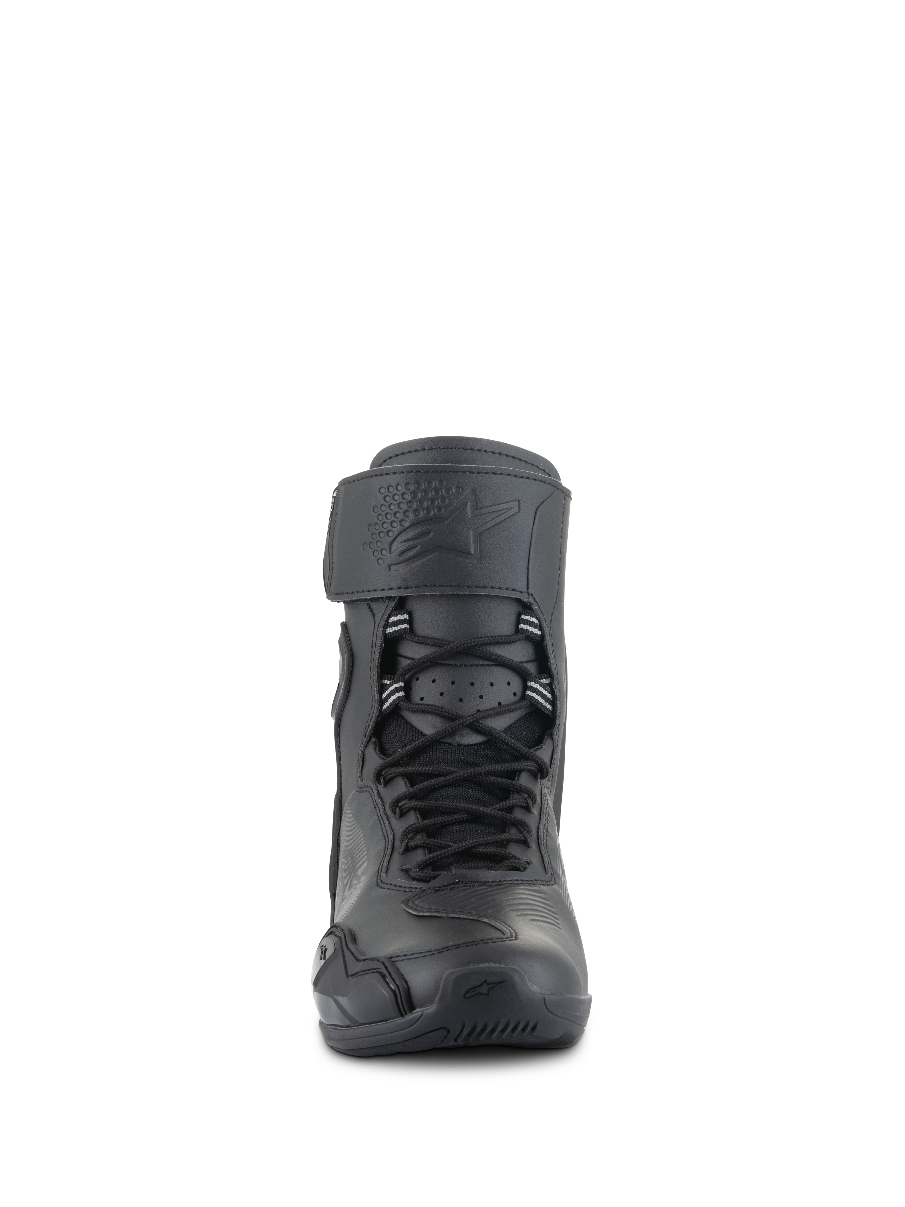 Alpinestars Superfaster Riding Shoes, Negro Negro, vista frontal de calzado de motociclismo de caña alta con sistema de cordones rápidos, correa superior ancha con logotipo en relieve y diseño protector aerodinámico