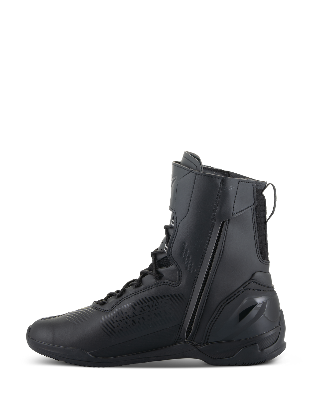 Zapatos Alpinestars Superfaster, zapatos de motociclismo, color negro, con un perfil alto de 25 cm, cremallera lateral medial larga y sistema de cordones rápidos, diseño elegante de microfibra totalmente negro con talón reforzado.