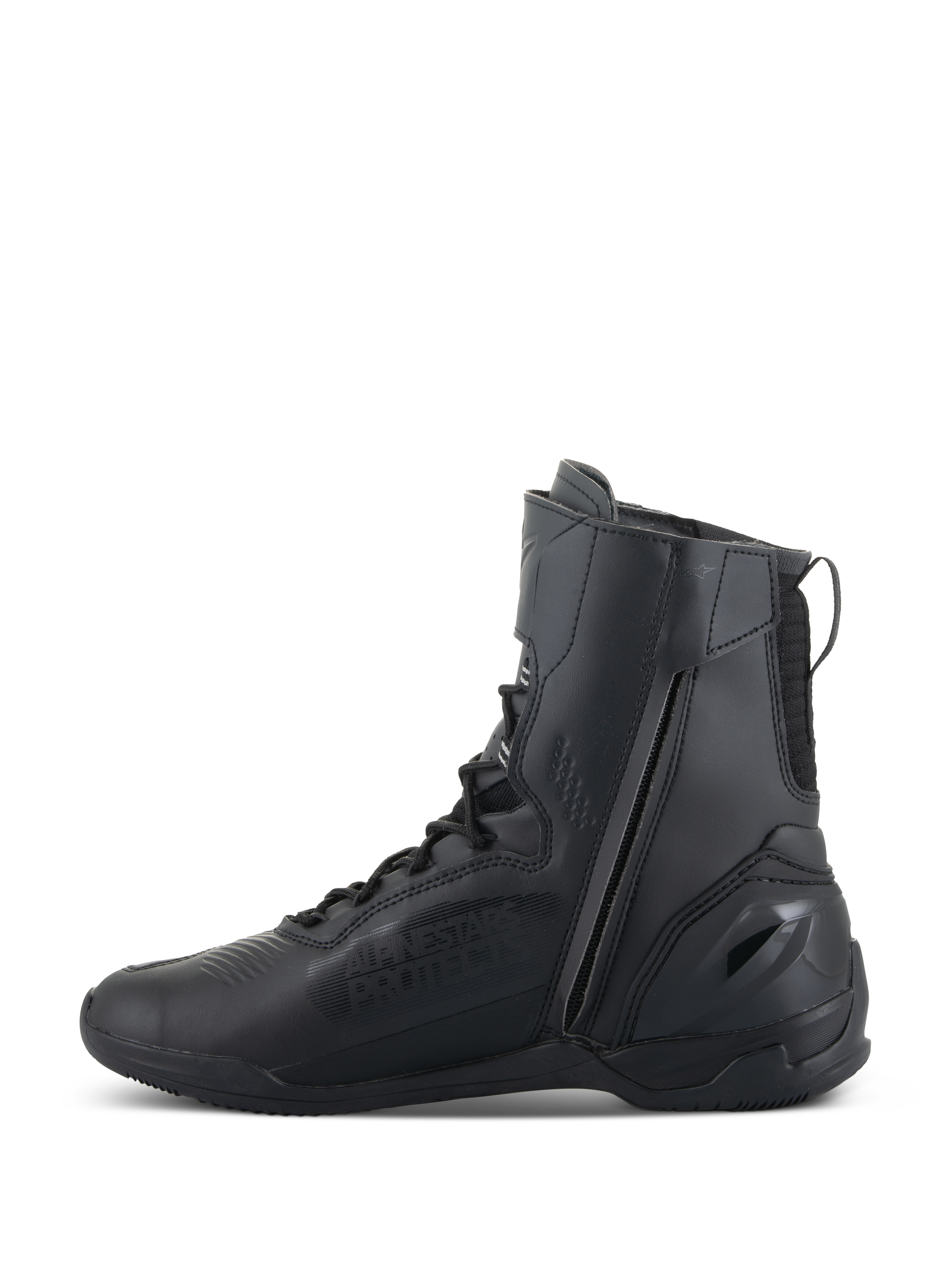 Zapatos Alpinestars Superfaster, zapatos de motociclismo, color negro, con un perfil alto de 25 cm, cremallera lateral medial larga y sistema de cordones rápidos, diseño elegante de microfibra totalmente negro con talón reforzado.