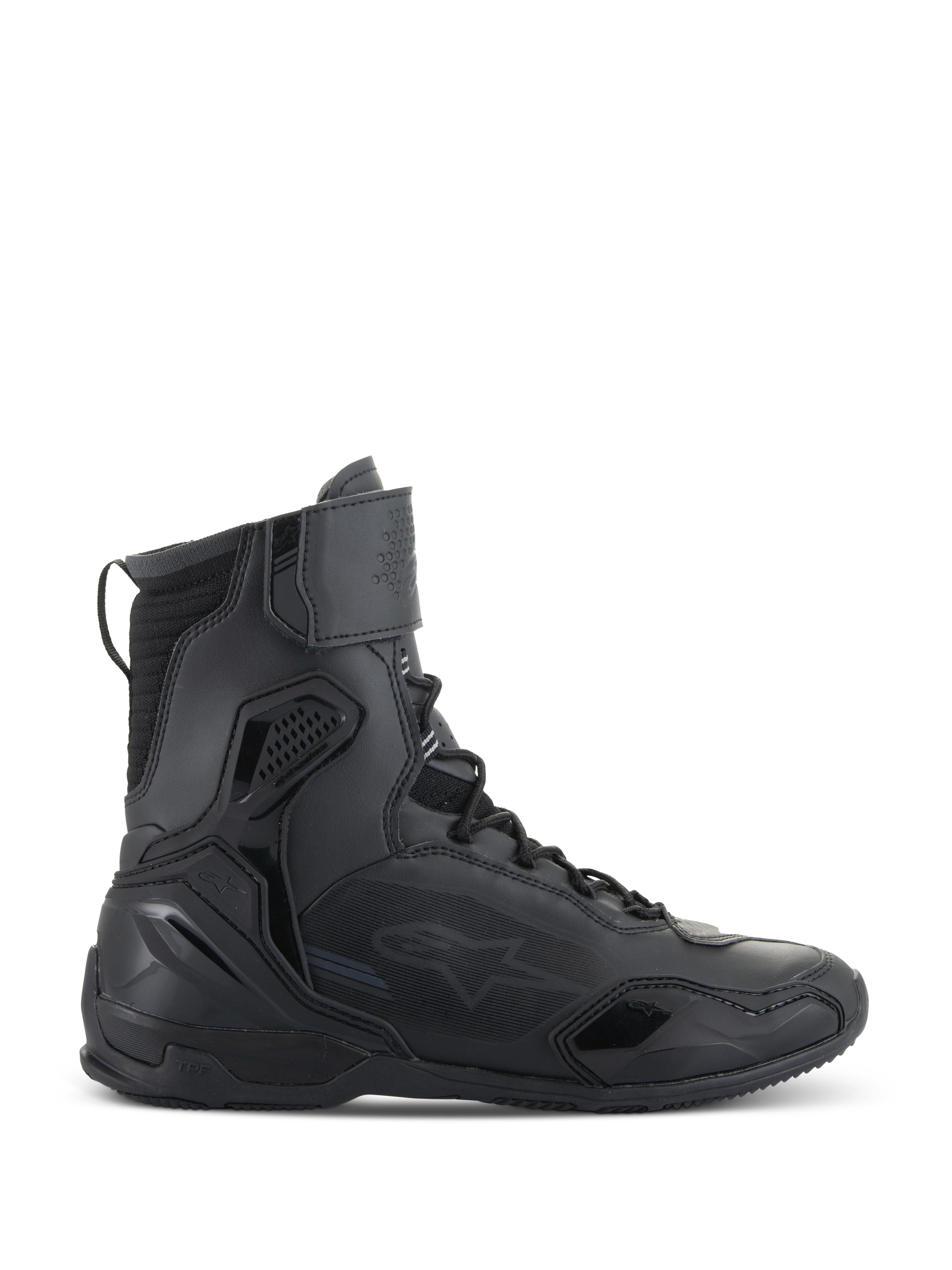 Alpinestars Superfaster Shoes, zapatos de motociclismo, negro, vista de perfil lateral de calzado técnico de caña alta con protección integrada, sistema de cordones rápidos y correa de velcro en el tobillo