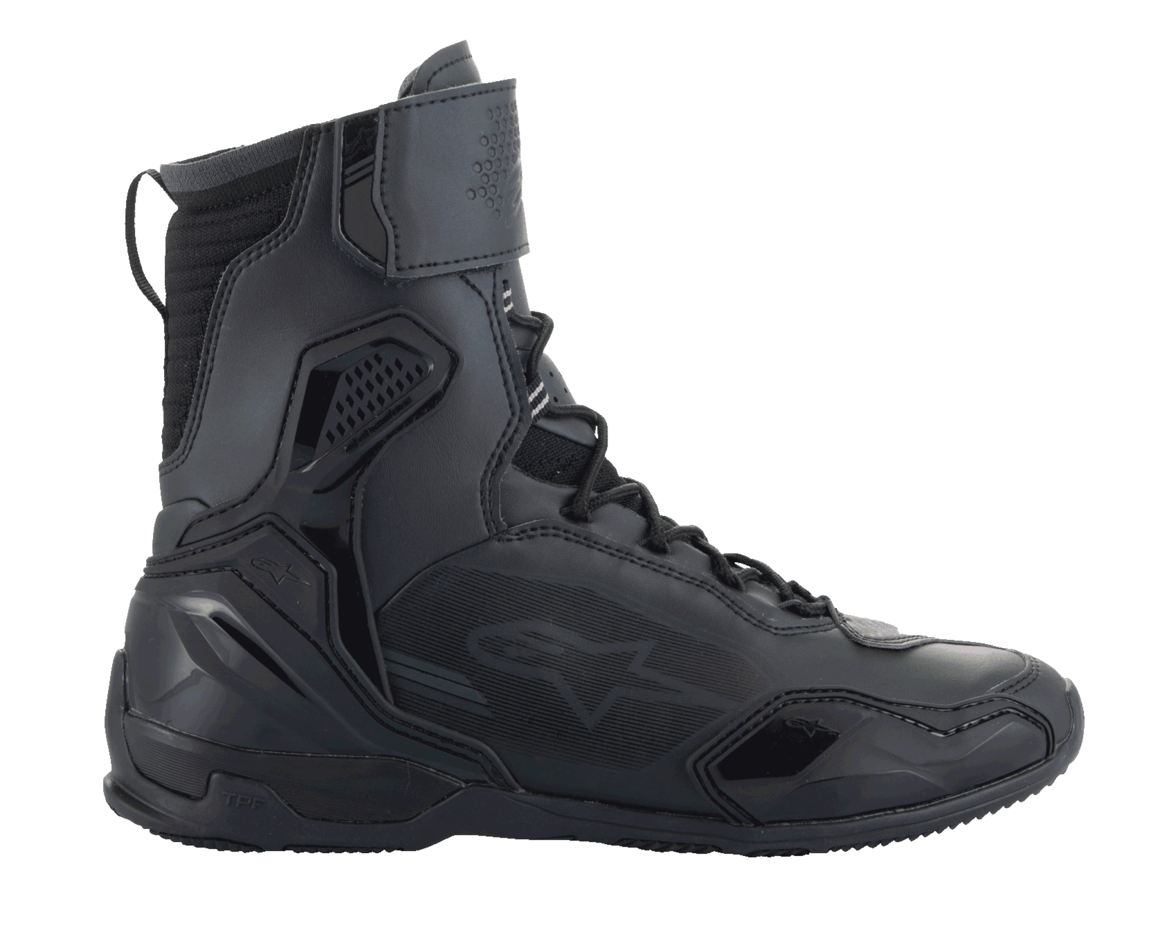 Zapatos Alpinestars Superfaster, zapatos de motociclismo, color negro, perfil de caña alta con sistema de cordones rápidos y correa para el tobillo, con paneles de microfibra y Rideknit, talón reforzado con TPU y protección en la puntera, diseño atlético estilizado para conducción en carretera