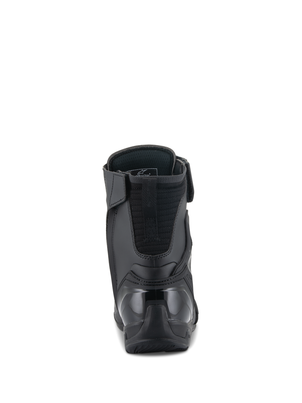 Alpinestars Superfaster Shoes, zapatos para motociclismo, negros, vista trasera con talonera de TPU reforzado y extensión acolchada para el tendón de Aquiles, diseño elegante de caña alta para protección en conducción deportiva