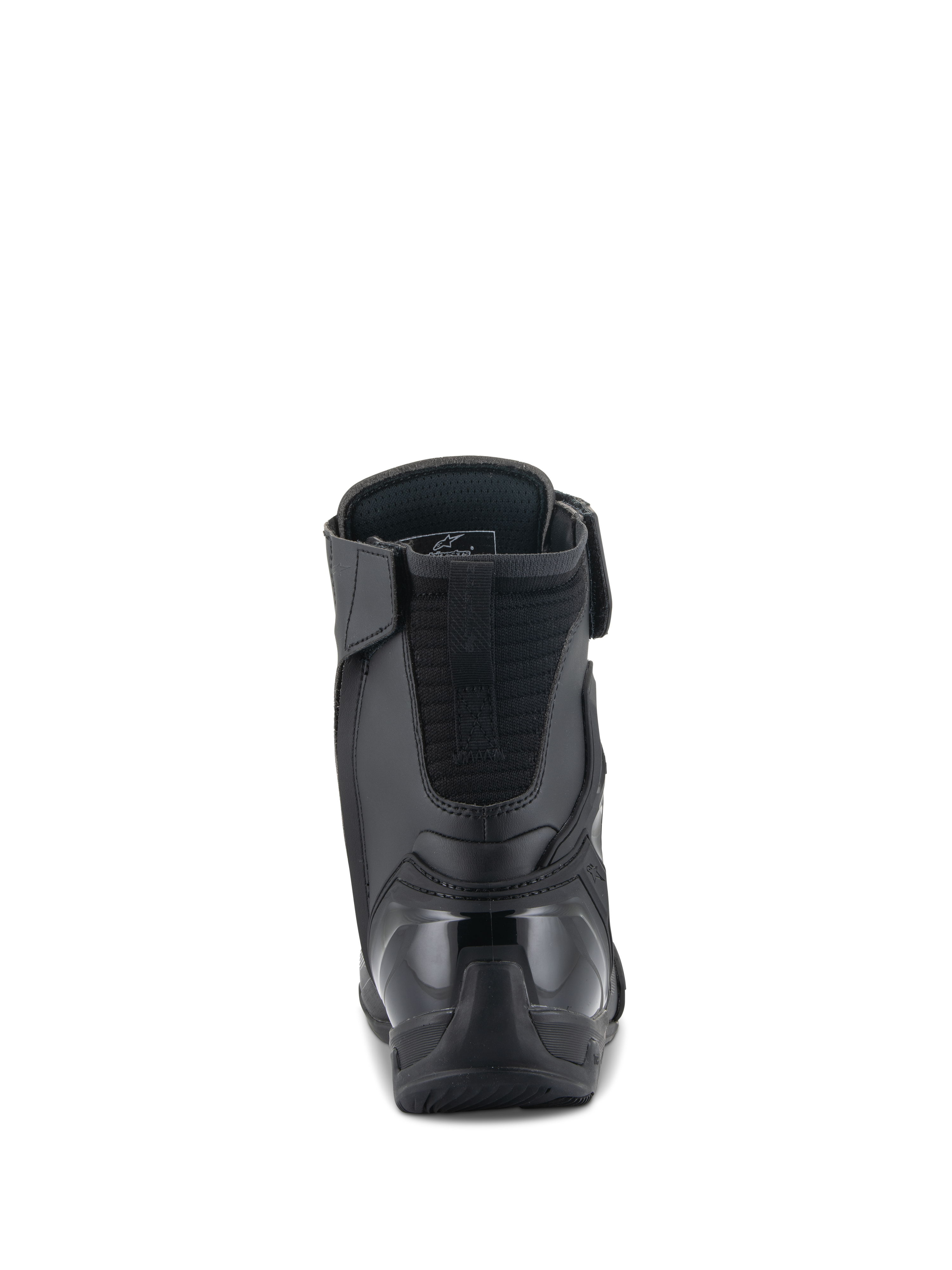 Alpinestars Superfaster Shoes, zapatos para motociclismo, negros, vista trasera con talonera de TPU reforzado y extensión acolchada para el tendón de Aquiles, diseño elegante de caña alta para protección en conducción deportiva