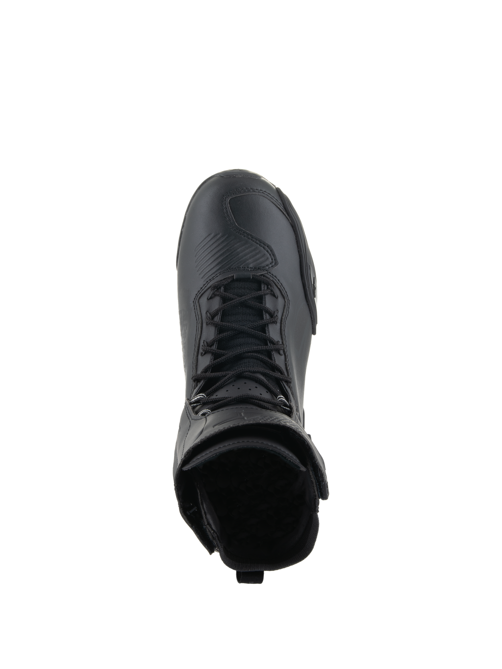 Zapatos Alpinestars Superfaster, calzado para motociclismo, negro sobre negro, vista superior que destaca el sistema de cordones rápidos y el cuello de caña alta, diseño técnico elegante con puntera reforzada.