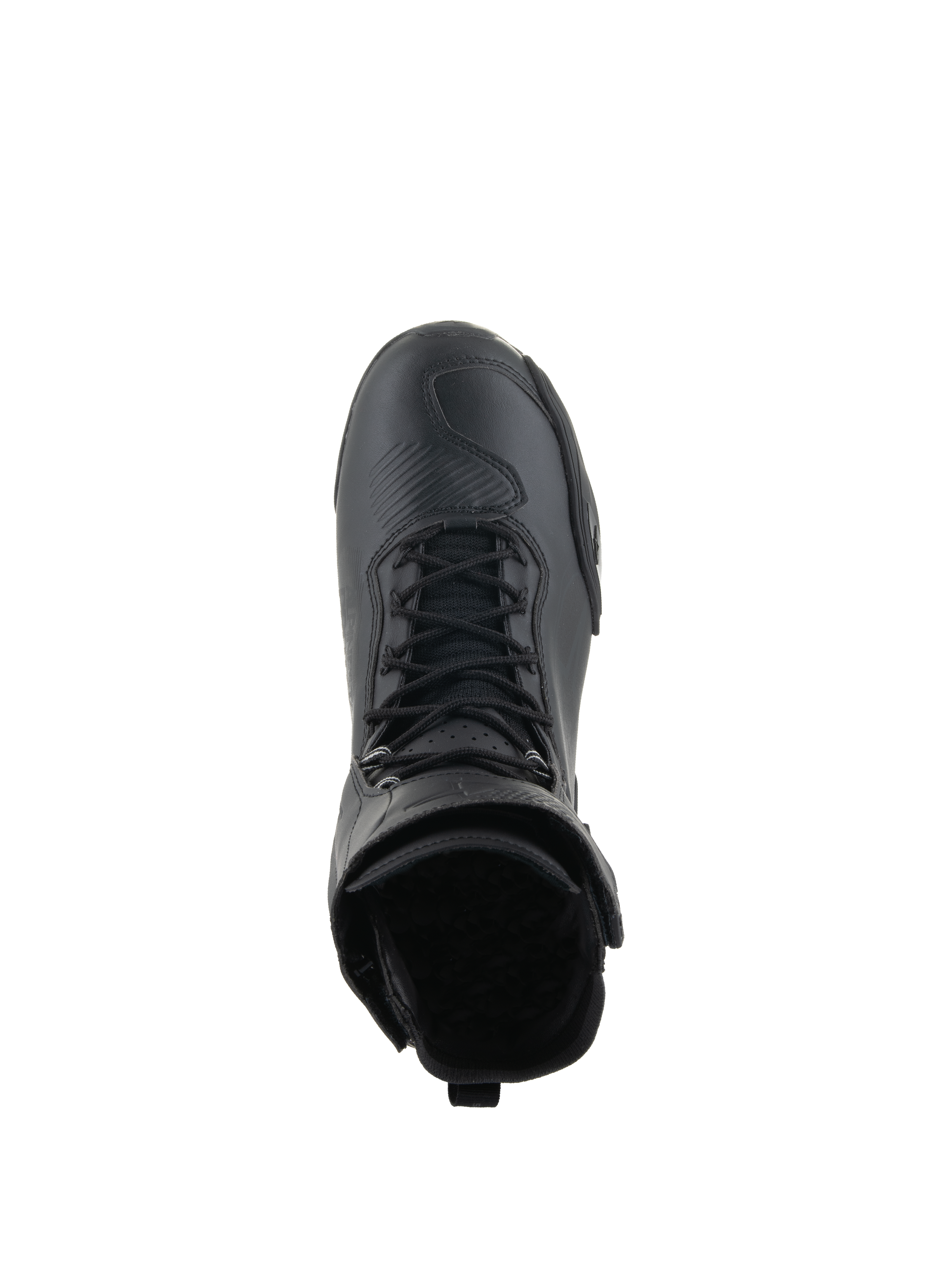 Zapatos Alpinestars Superfaster, calzado para motociclismo, negro sobre negro, vista superior que destaca el sistema de cordones rápidos y el cuello de caña alta, diseño técnico elegante con puntera reforzada.