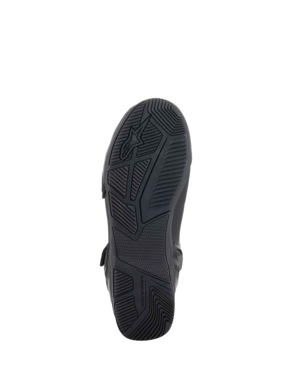 Zapatos Alpinestars Superfaster, negros, vista inferior que muestra la suela de goma con patrones de agarre y dibujo técnicos, con el logotipo y la marca Alpinestars, diseñados para la estabilidad al conducir motocicletas.