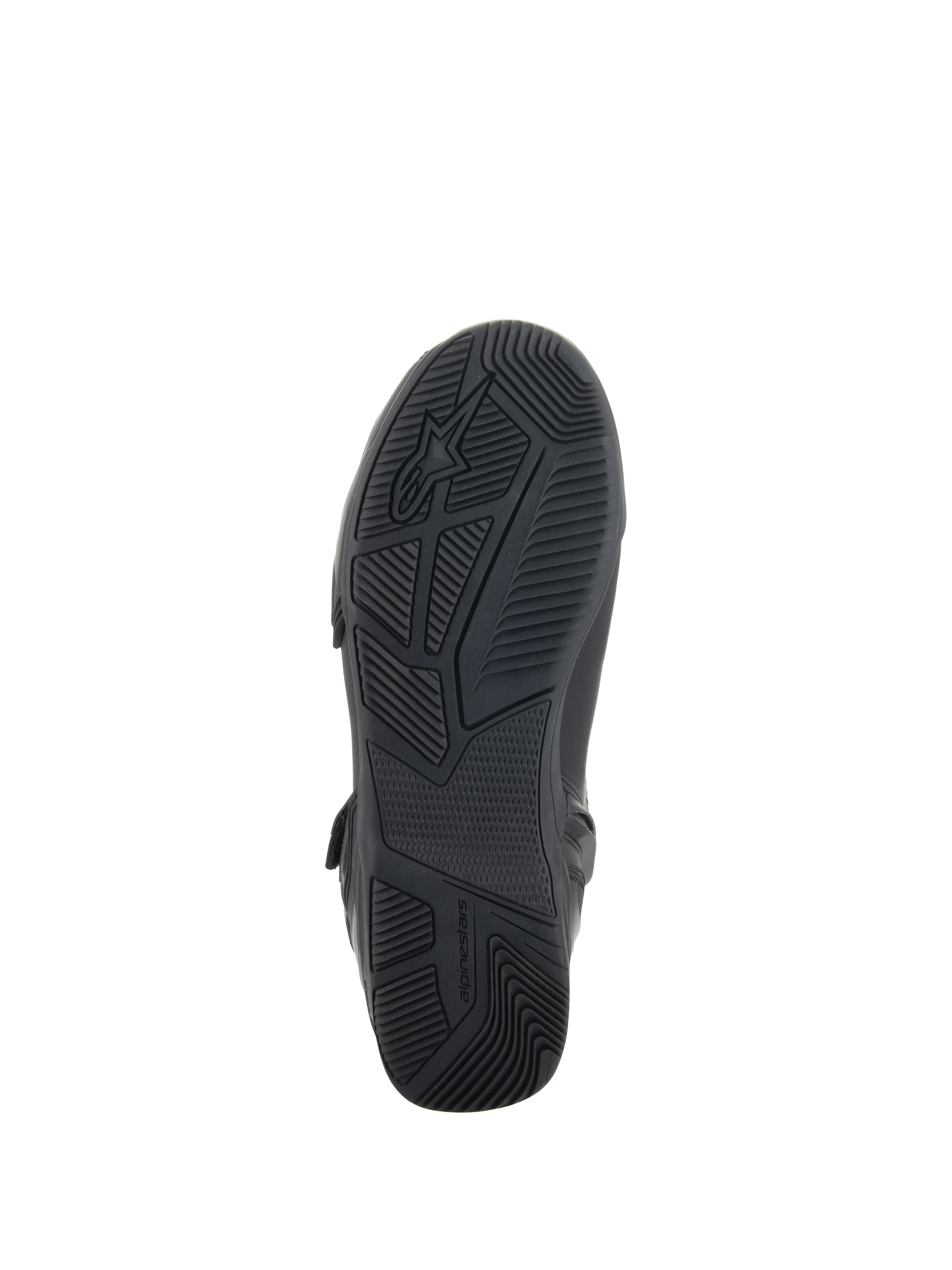 Zapatos Alpinestars Superfaster, negros, vista inferior que muestra la suela de goma con patrones de agarre y dibujo técnicos, con el logotipo y la marca Alpinestars, diseñados para la estabilidad al conducir motocicletas.