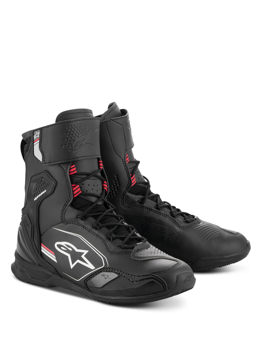 Alpinestars Superfaster Shoes, zapatos de motociclismo, negro, gris y rojo brillante, perfil alto con protección integrada para la espinilla y el tobillo, sistema de cordones rápidos, diseño atlético elegante con el logotipo de Alpinestars
