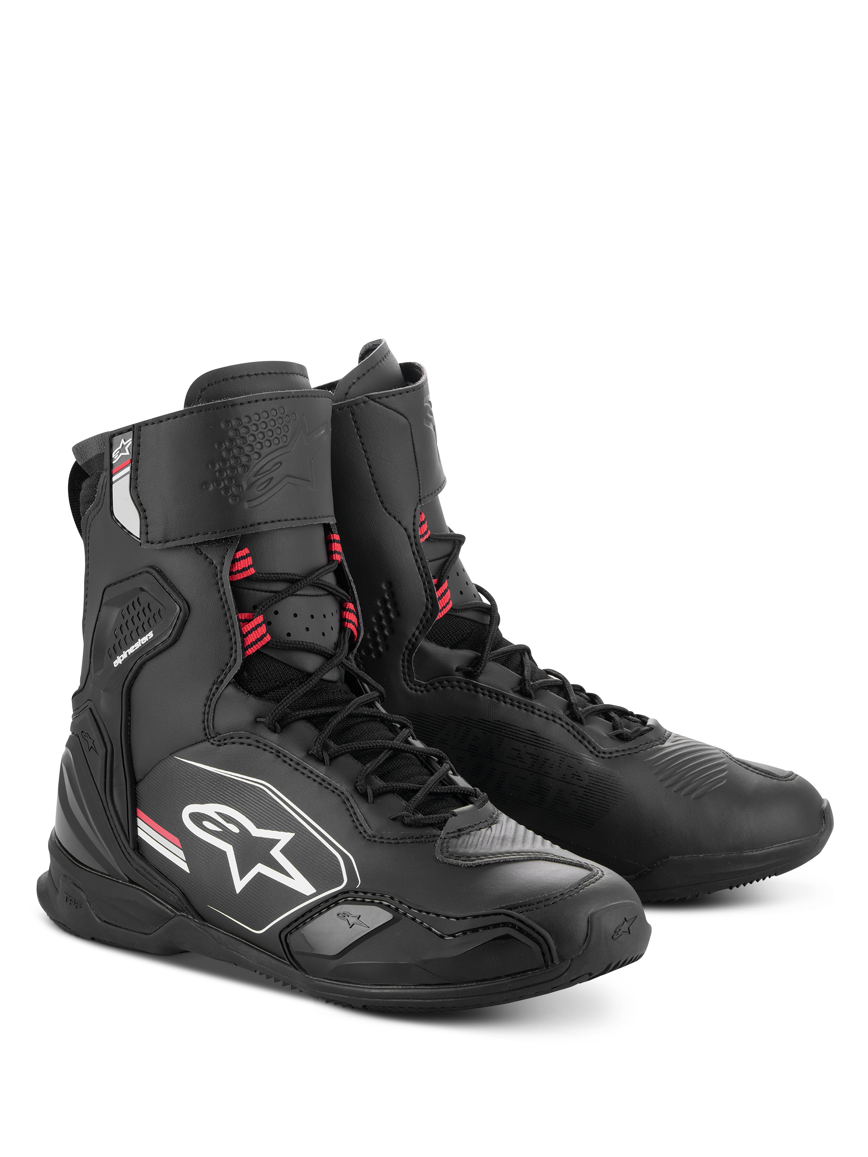 Alpinestars Superfaster Shoes, zapatos de motociclismo, negro, gris y rojo brillante, perfil alto con protección integrada para la espinilla y el tobillo, sistema de cordones rápidos, diseño atlético elegante con el logotipo de Alpinestars