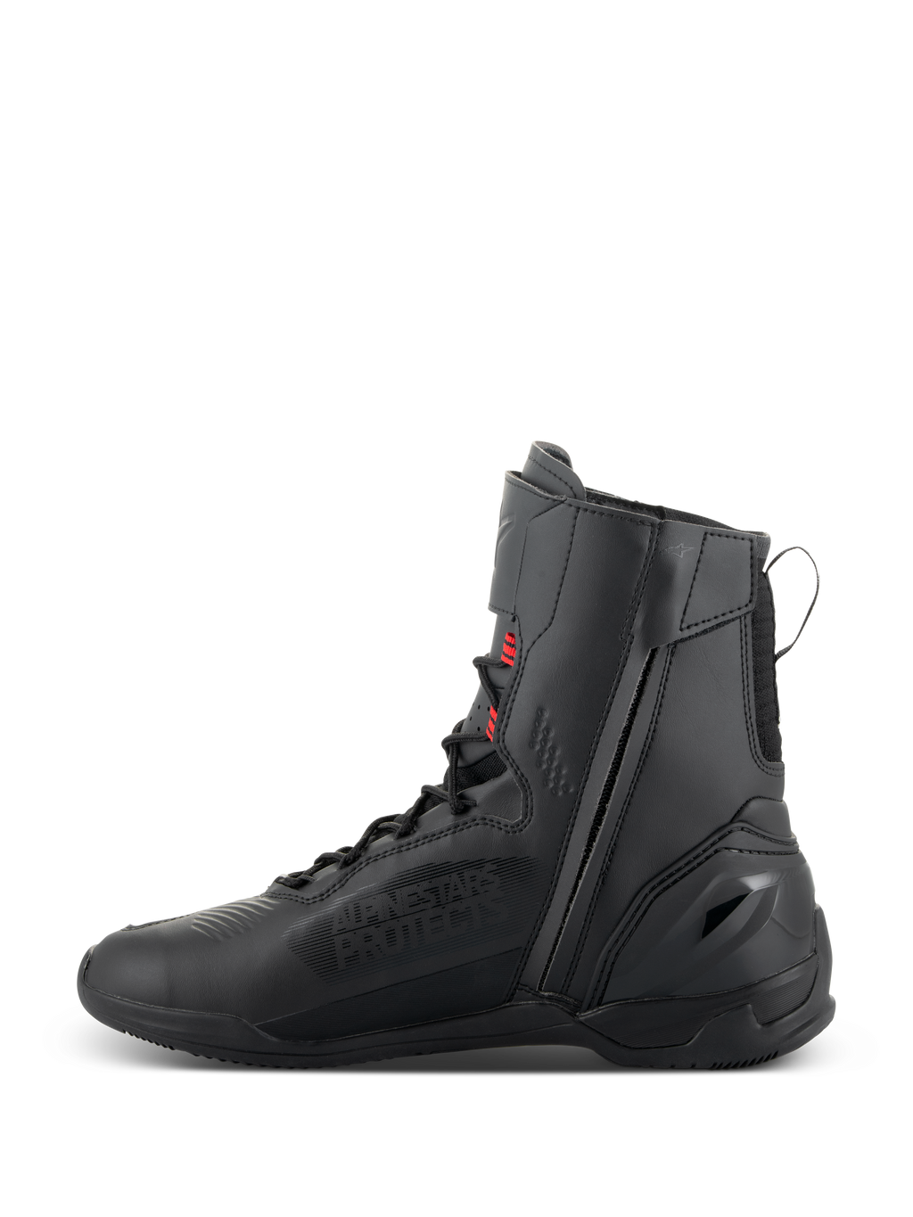 Zapatos Alpinestars Superfaster, calzado para motociclismo, negro, gris y rojo brillante, perfil de caña alta con cremallera lateral medial y cordones rápidos, construcción técnica de microfibra y Rideknit para conducción en carretera de alto rendimiento