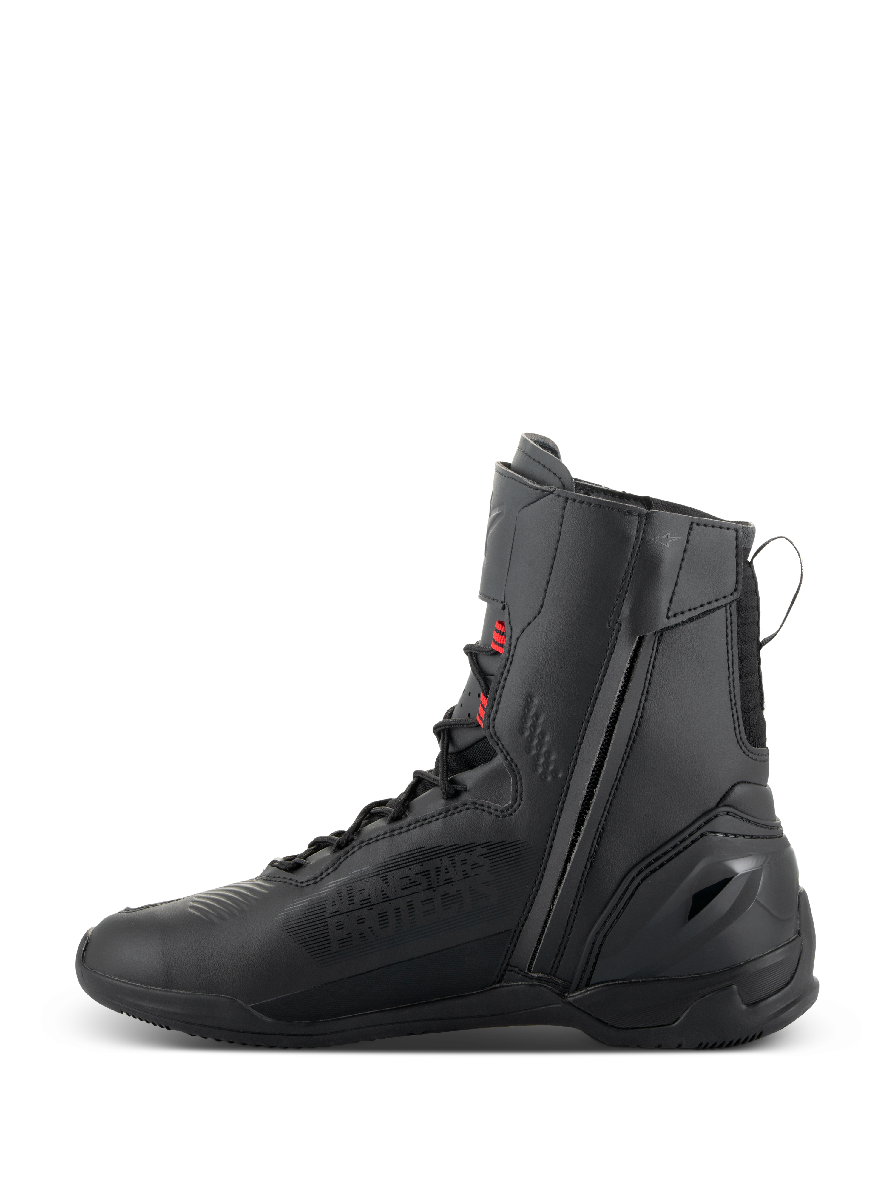 Zapatos Alpinestars Superfaster, calzado para motociclismo, negro, gris y rojo brillante, perfil de caña alta con cremallera lateral medial y cordones rápidos, construcción técnica de microfibra y Rideknit para conducción en carretera de alto rendimiento