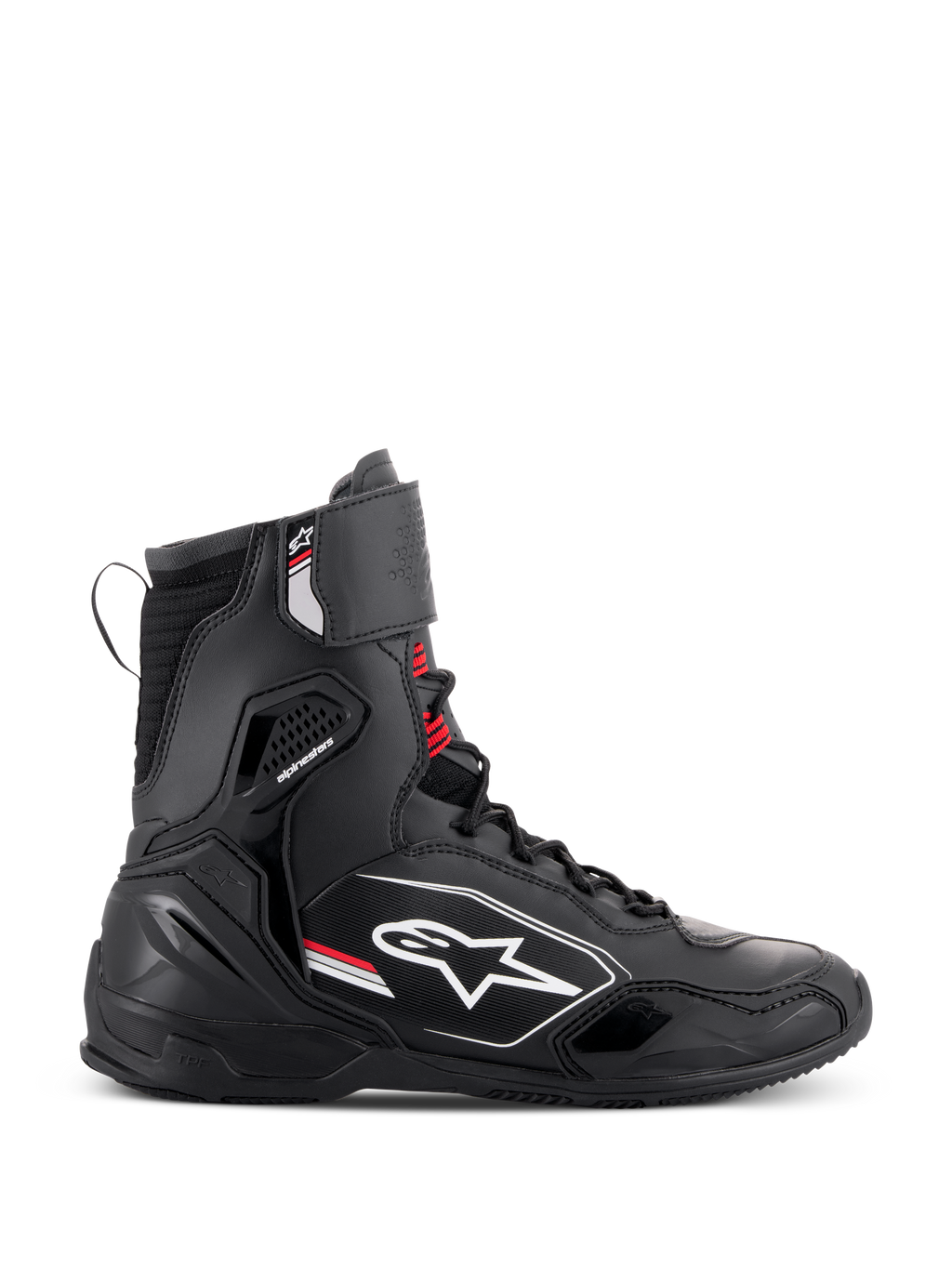 Zapatos Alpinestars Superfaster, zapatos de motociclismo de caña alta, negro, gris y rojo brillante, vista de perfil lateral con el logo blanco de Alpinestars, protección reforzada en el tobillo y el talón, sistema de cordones con correa superior