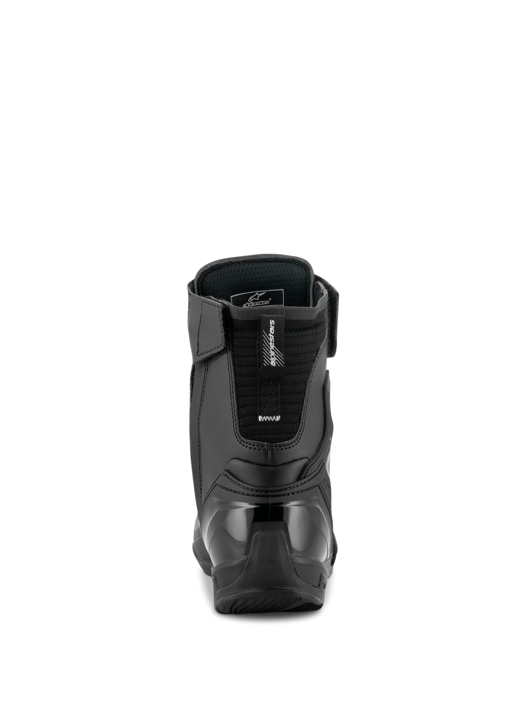 Zapatos Alpinestars Superfaster, Negro Gris Rojo Brillante, vista posterior que muestra la talonera de TPU reforzada y la extensión para el tendón de Aquiles, zapato técnico de motociclismo de caña alta con paneles de microfibra.
