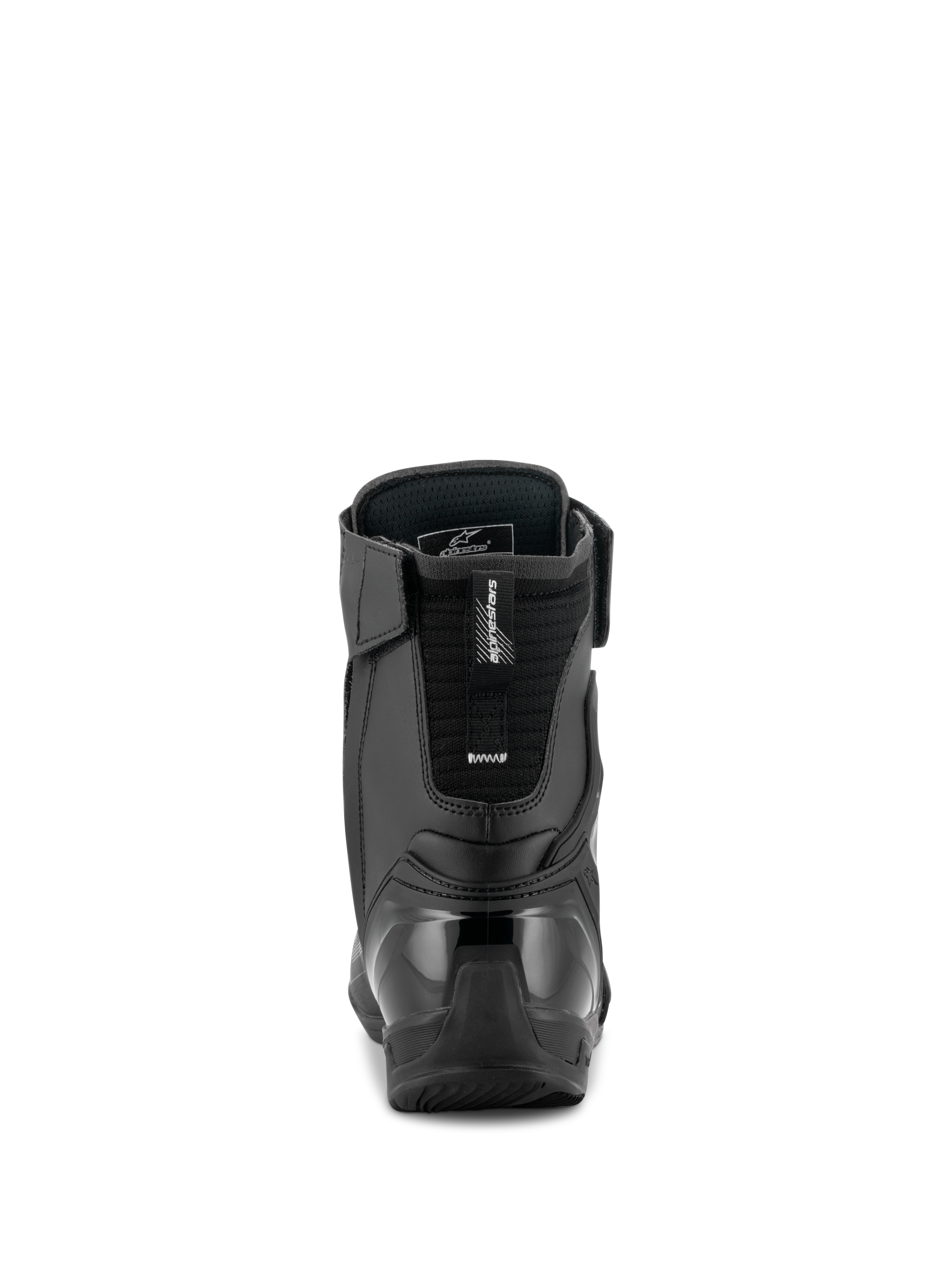 Zapatos Alpinestars Superfaster, Negro Gris Rojo Brillante, vista posterior que muestra la talonera de TPU reforzada y la extensión para el tendón de Aquiles, zapato técnico de motociclismo de caña alta con paneles de microfibra.