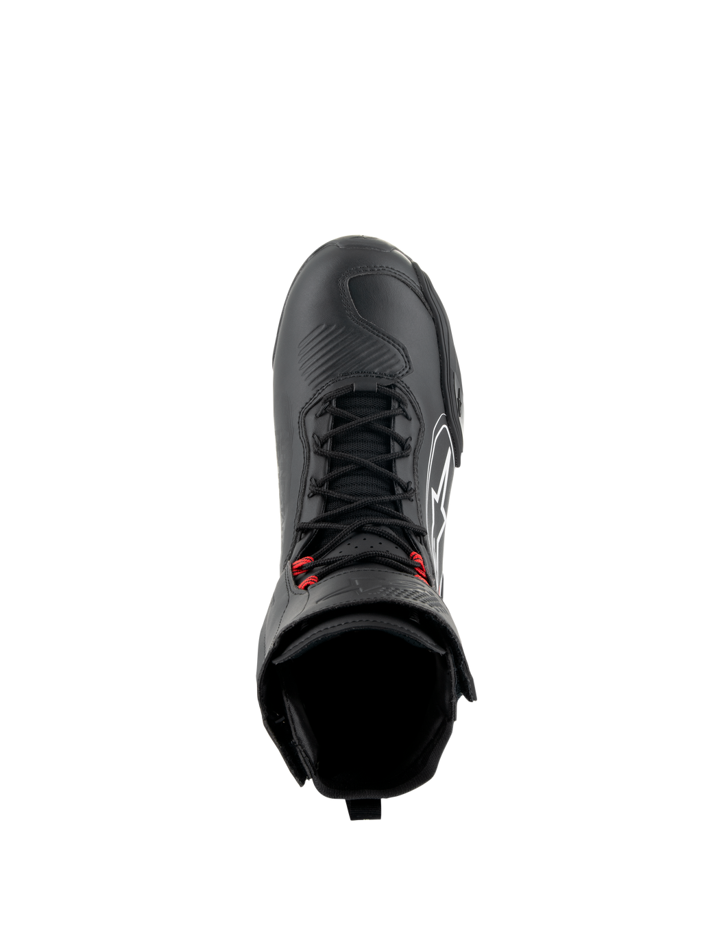 Zapatos Alpinestars Superfaster, calzado de moto en negro, gris y rojo brillante, vista superior que muestra cordones rápidos negros con detalles rojos, puntera reforzada y cuello de tobillo alto, calzado técnico para conducción en carretera y deportiva