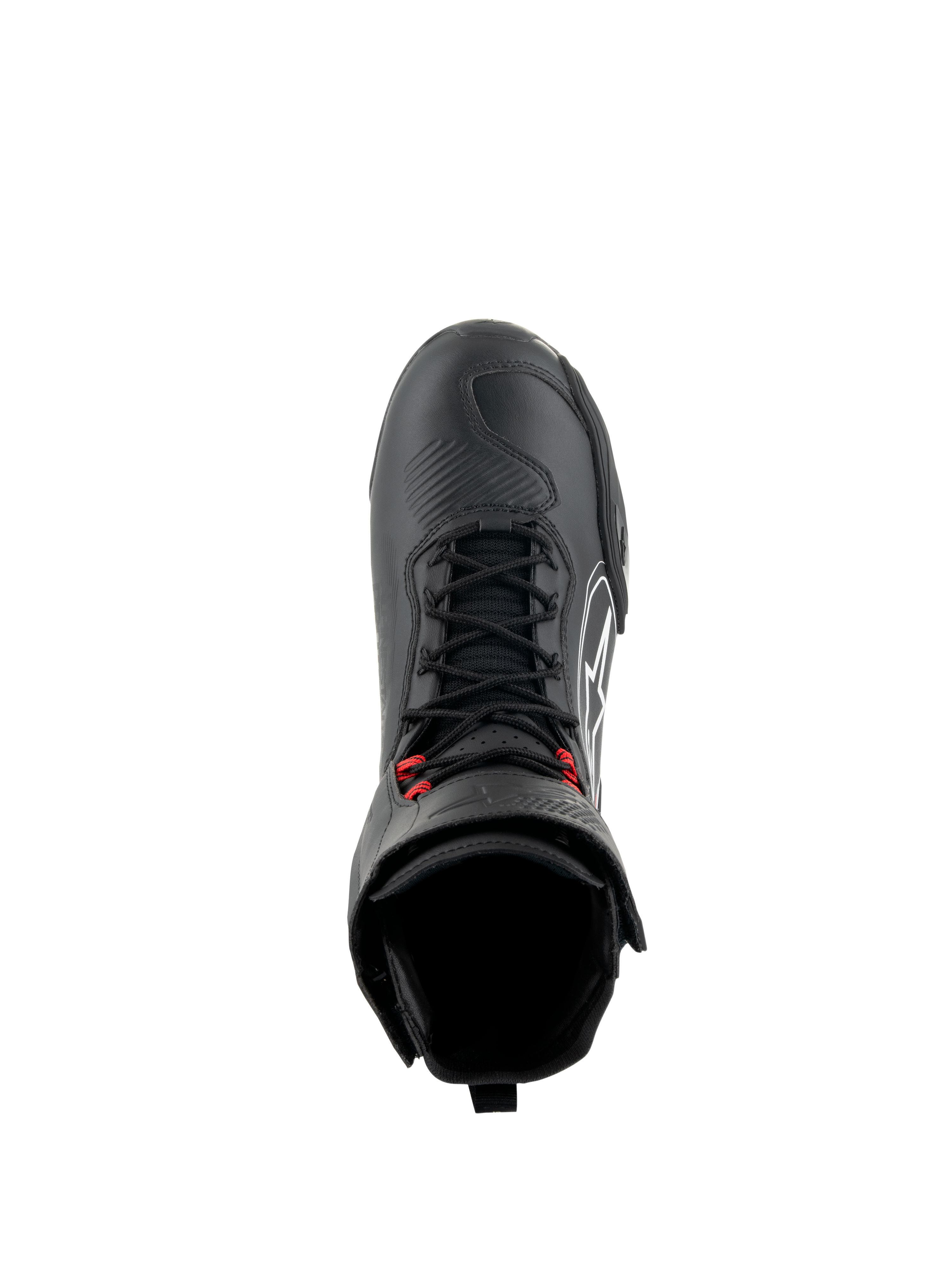 Zapatos Alpinestars Superfaster, calzado de moto en negro, gris y rojo brillante, vista superior que muestra cordones rápidos negros con detalles rojos, puntera reforzada y cuello de tobillo alto, calzado técnico para conducción en carretera y deportiva