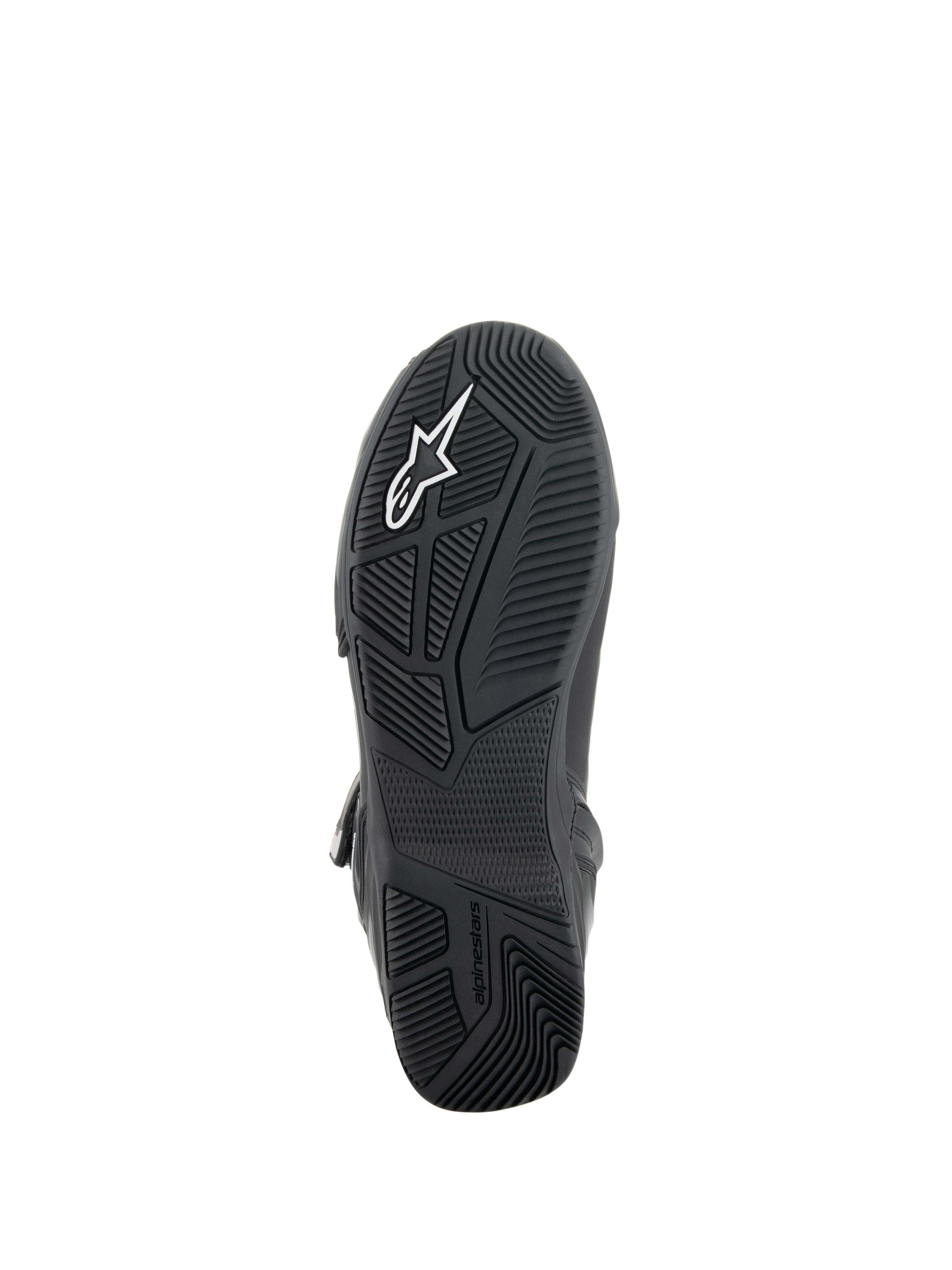 Zapatos Alpinestars Superfaster, Negro/Gris/Rojo Brillante, vista inferior de la suela de goma negra con un patrón de dibujo técnico para el agarre, integración del marco de protección TPF y logotipo de Alpinestars en blanco.