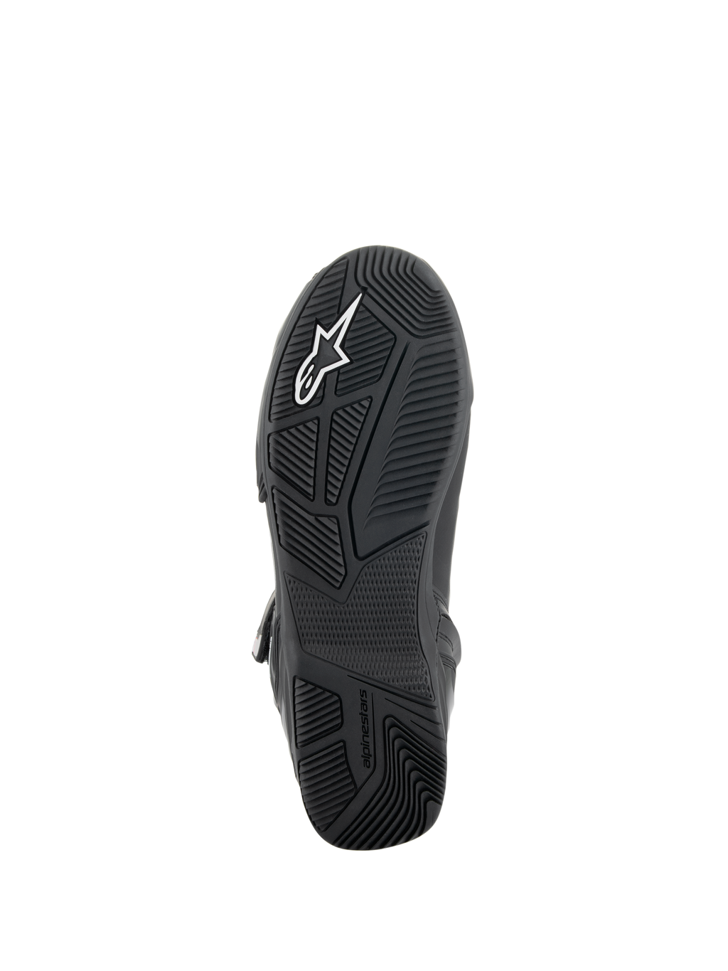 Zapatos Alpinestars Superfaster, vista inferior de la suela, suela de goma negra con patrones de agarre multidireccionales técnicos, con el logotipo blanco de Alpinestars y marca grabada en relieve, diseño de calzado técnico para motociclismo