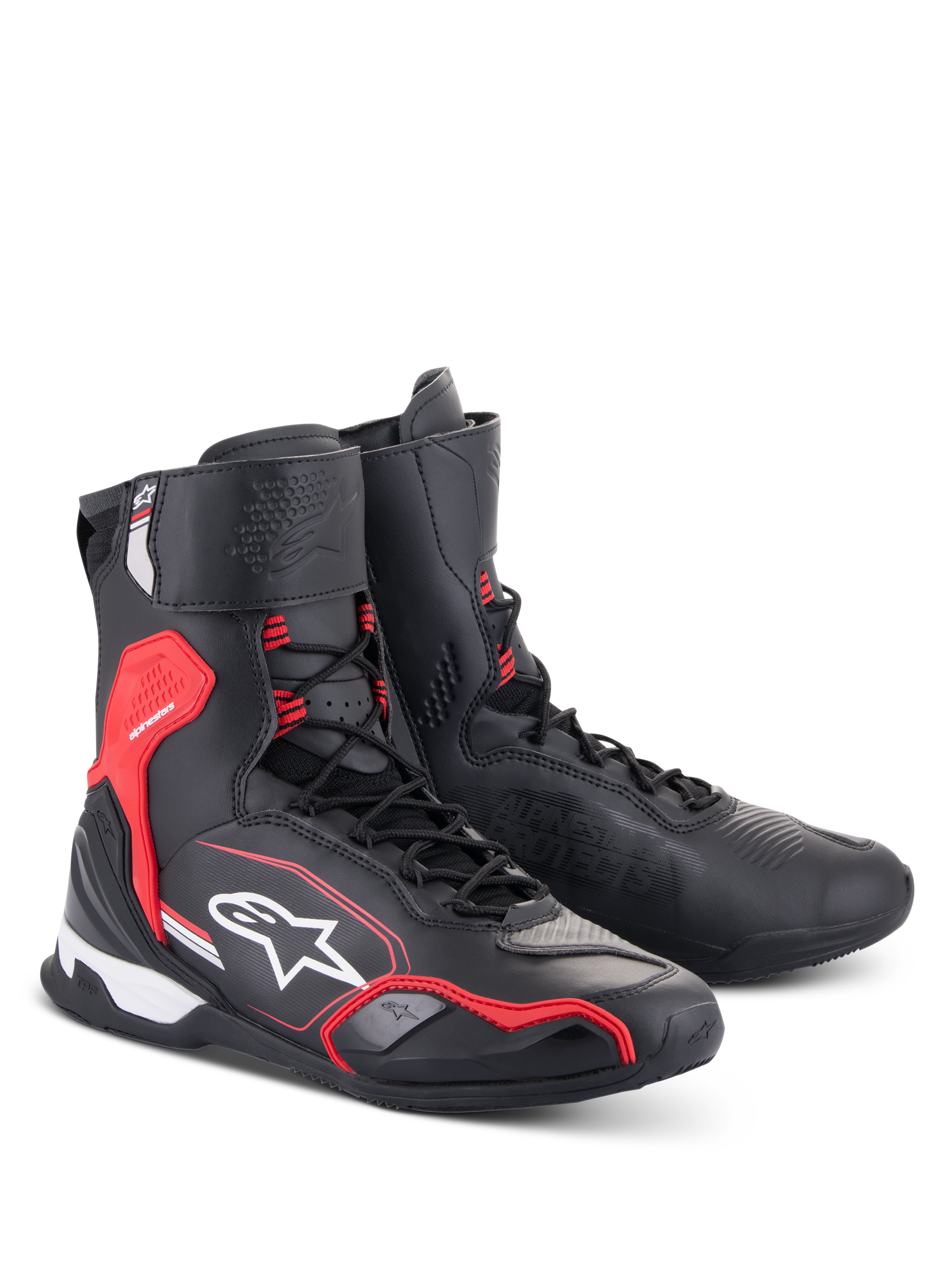 Zapatos Alpinestars Superfaster, zapatos de motociclismo, negro, rojo brillante y blanco, diseño de caña alta con sistema de cordones rápidos, protección reforzada en el tobillo y el talón, con el logotipo de Alpinestars y construcción de microfibra técnica