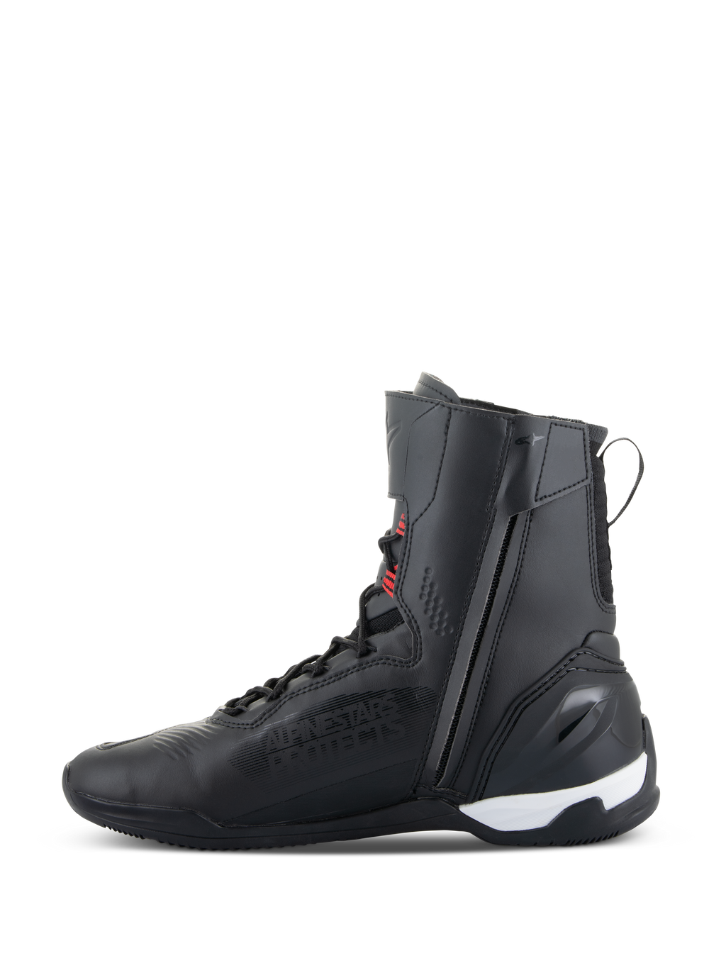 Zapatos Alpinestars Superfaster, calzado de motociclismo de caña alta, negros con detalles en rojo brillante y blanco, con cremallera lateral interna, sistema de cordones rápidos y refuerzo de talón de TPU, diseño atlético estilizado para conducción en carretera y deportiva