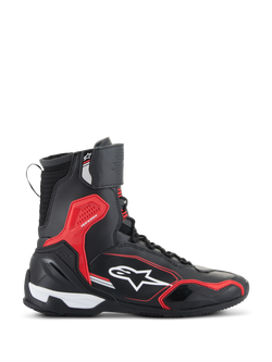 Alpinestars Superfaster Shoes, Motorcycle Riding Shoes, Black Bright Red and White, side view featuring a tall collar, red TPU impact protection, and white Alpinestars logo, sport-oriented protective road footwear