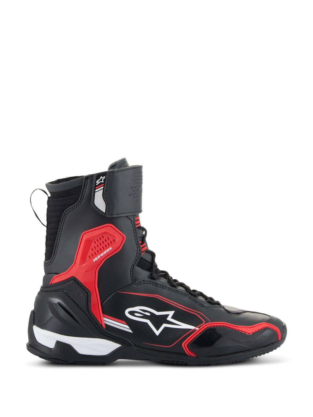 Alpinestars Superfaster Shoes, negro, rojo brillante y blanco, calzado de motociclismo de caña alta con paneles de microfibra y Rideknit, detalles protectores de TPU rojos y logotipo de estrella blanca en el lateral.