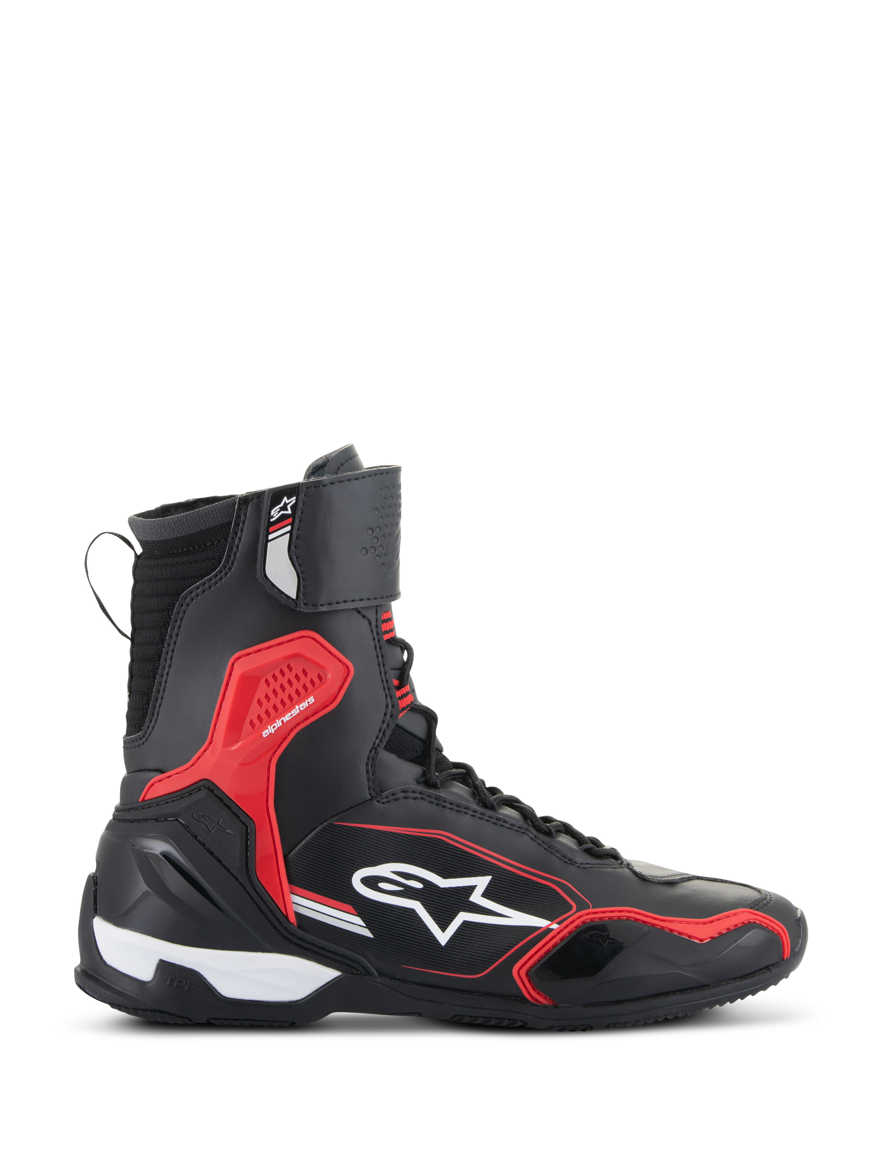 Alpinestars Superfaster Shoes, negro, rojo brillante y blanco, calzado de motociclismo de caña alta con paneles de microfibra y Rideknit, detalles protectores de TPU rojos y logotipo de estrella blanca en el lateral.