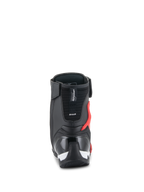 Zapatos Alpinestars Superfaster, zapatos de motociclismo, negro, rojo brillante y blanco, vista trasera que muestra el talón de TPU reforzado y el protector del tendón de Aquiles, diseño técnico de caña alta.
