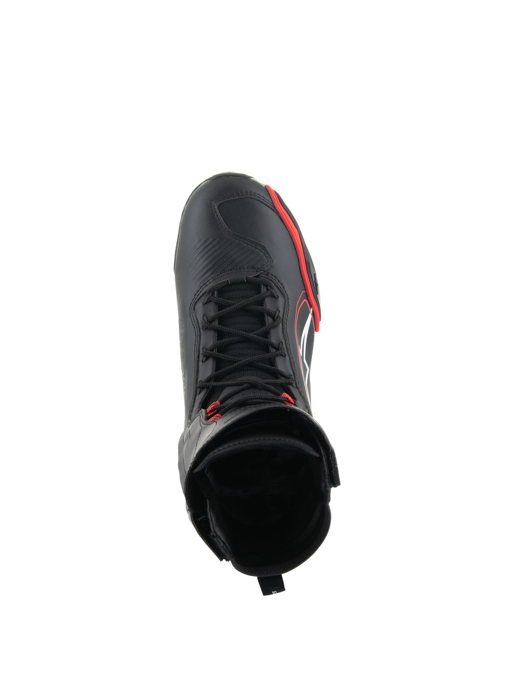 Alpinestars Superfaster Shoes, calzado de motociclismo, negro, rojo brillante y blanco, vista desde arriba que muestra el sistema de cordones rápidos y el cuello de caña alta, equipamiento profesional para conducción en carretera y deportiva