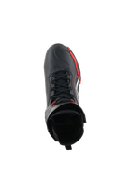 Alpinestars Superfaster Shoes, calzado de motociclismo, negro, rojo brillante y blanco, vista desde arriba que muestra el sistema de cordones rápidos y el cuello de caña alta, equipamiento profesional para conducción en carretera y deportiva