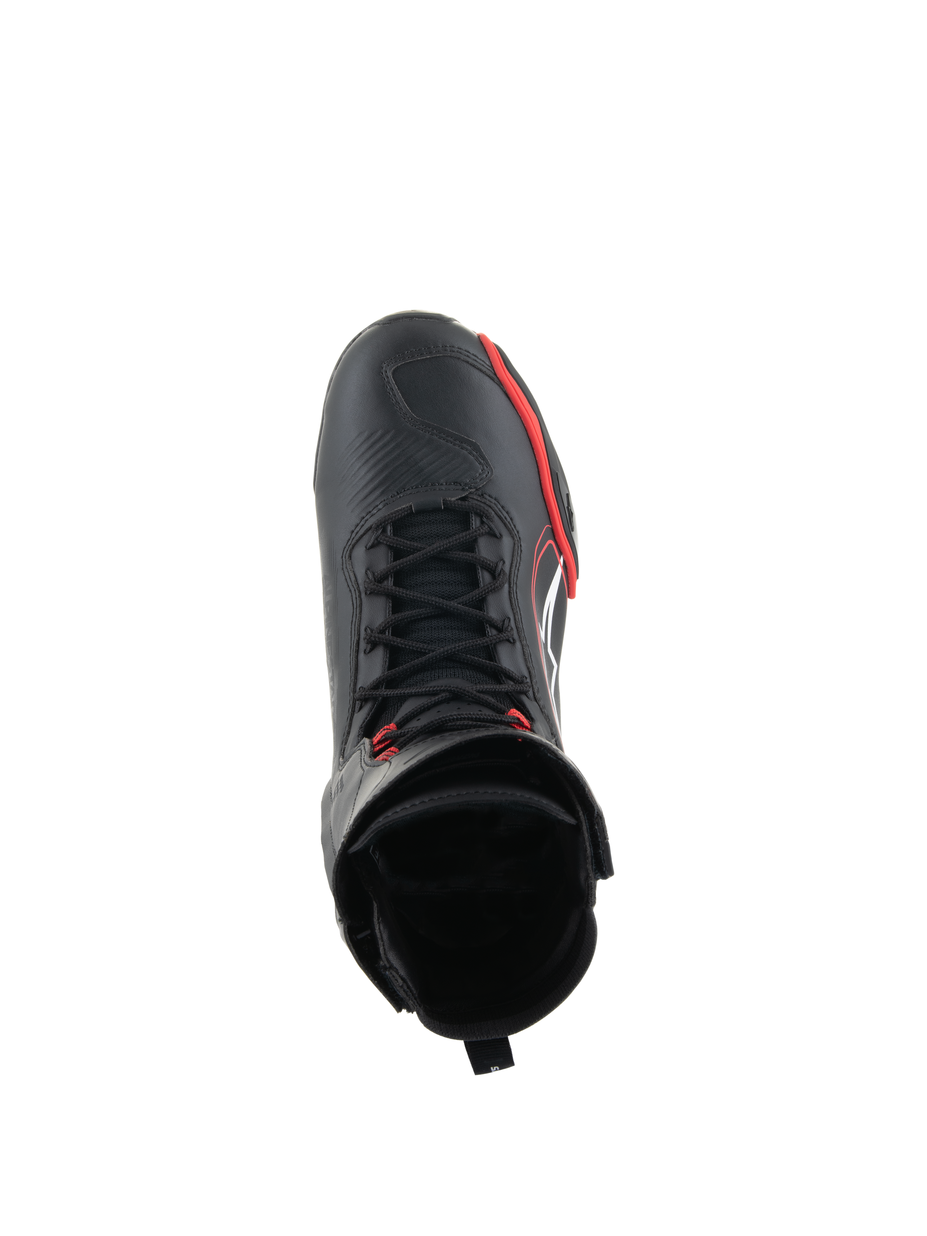 Alpinestars Superfaster Shoes, calzado de motociclismo, negro, rojo brillante y blanco, vista desde arriba que muestra el sistema de cordones rápidos y el cuello de caña alta, equipamiento profesional para conducción en carretera y deportiva