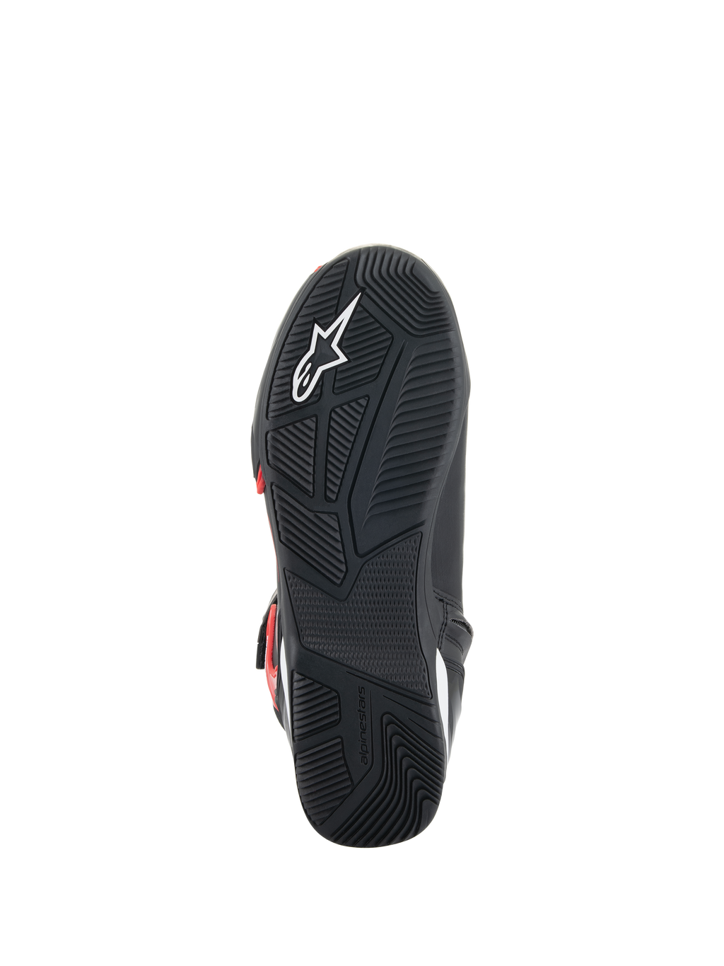 Zapatos Alpinestars Superfaster, vista de la suela, suela de goma negra con patrón de agarre técnico, con logotipo Astars blanco y marca Alpinestars en relieve, diseñados para el motociclismo y la comodidad al caminar