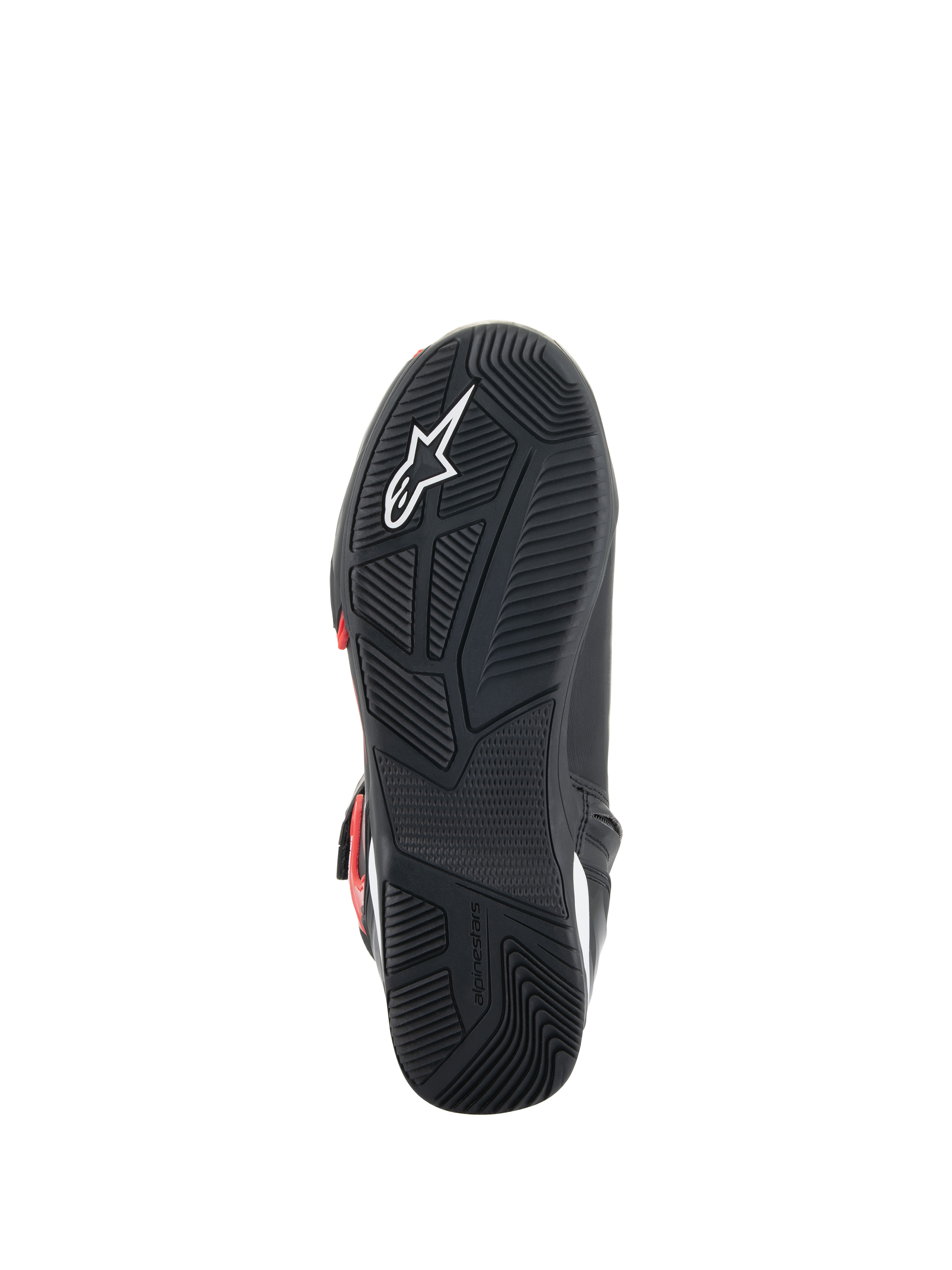 Zapatos Alpinestars Superfaster, vista de la suela, suela de goma negra con patrón de agarre técnico, con logotipo Astars blanco y marca Alpinestars en relieve, diseñados para el motociclismo y la comodidad al caminar
