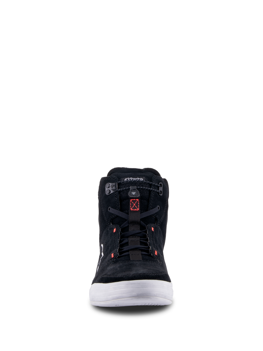 Zapatos Alpinestars Chrome, negro, gris frío y rojo flúor, vista frontal de calzado urbano para motociclismo con construcción de ante dividido, suela blanca y cierre elástico con detalles en rojo.