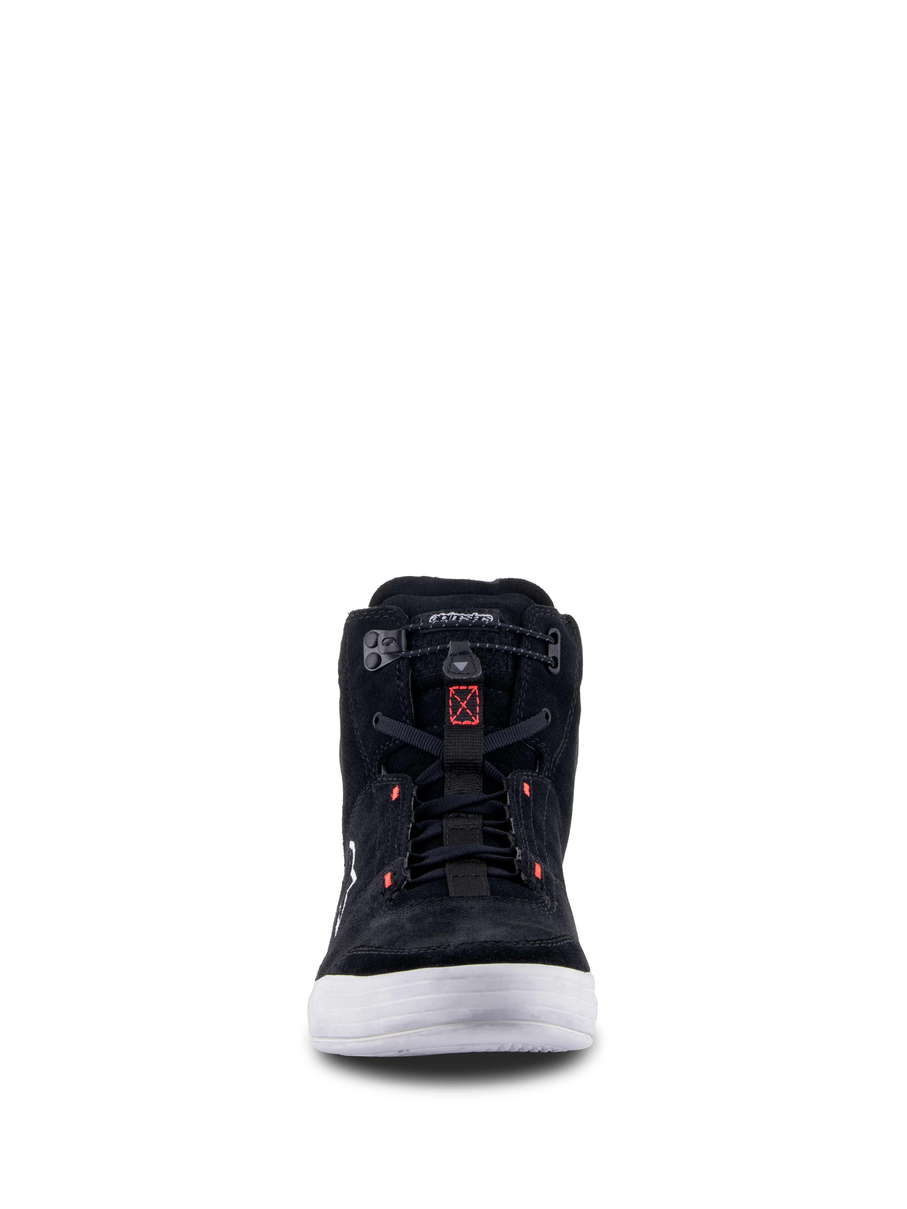 Zapatos Alpinestars Chrome, negro, gris frío y rojo flúor, vista frontal de calzado urbano para motociclismo con construcción de ante dividido, suela blanca y cierre elástico con detalles en rojo.