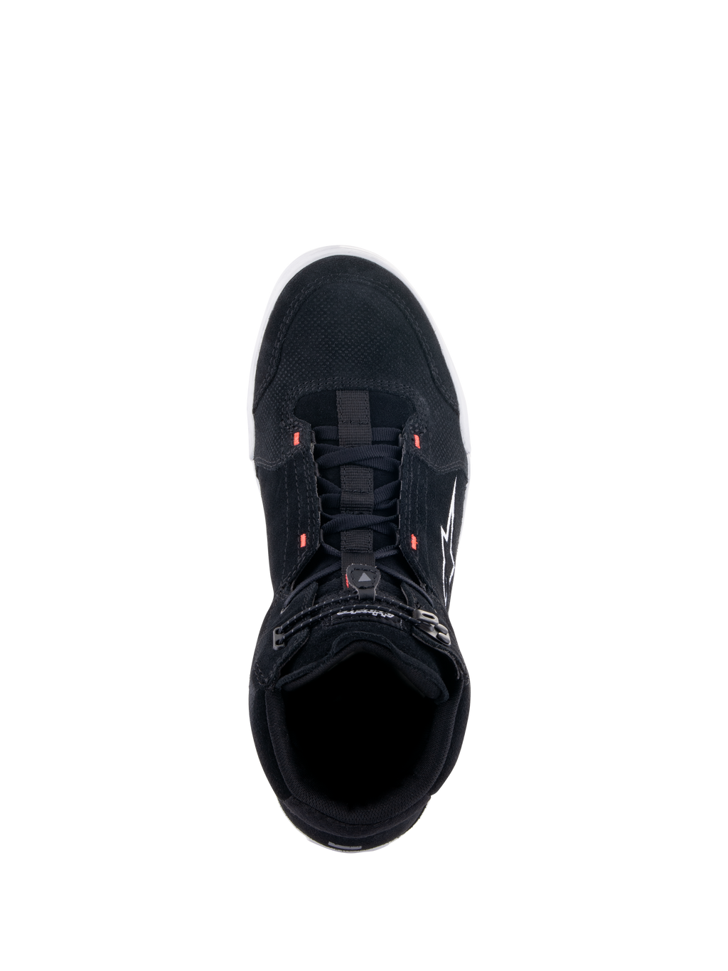Alpinestars Chrome Shoes, zapatos de moto negros, vista superior que muestra la parte superior de ante dividido con detalles en rojo flúor, estilo urbano casual con un cierre elástico en la parte superior y logotipo blanco en el lateral.