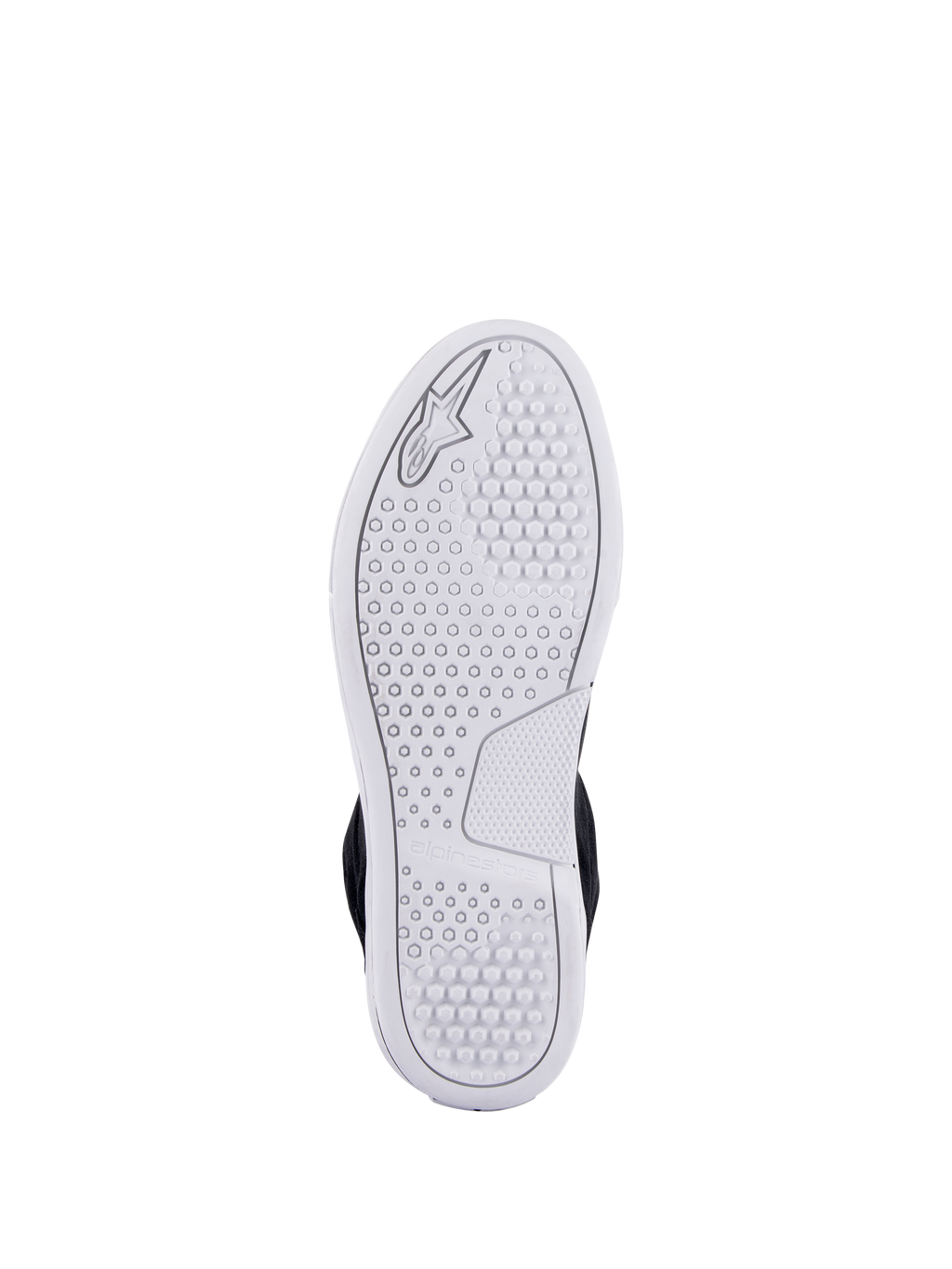 Zapatos Alpinestars Chrome, vista de la suela urbana avanzada blanca con un patrón de tracción hexagonal y el logotipo de Alpinestars en relieve, calzado casual para moto
