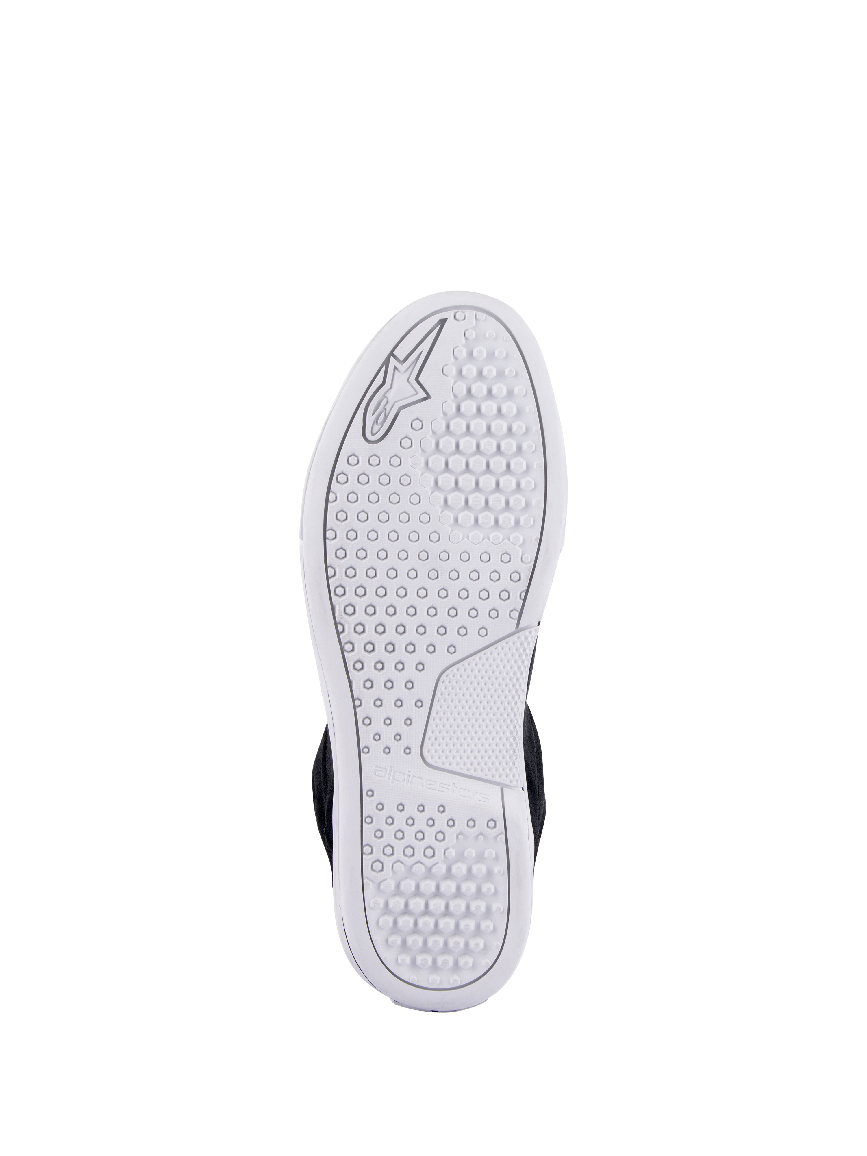 Zapatos Alpinestars Chrome, vista de la suela urbana avanzada blanca con un patrón de tracción hexagonal y el logotipo de Alpinestars en relieve, calzado casual para moto