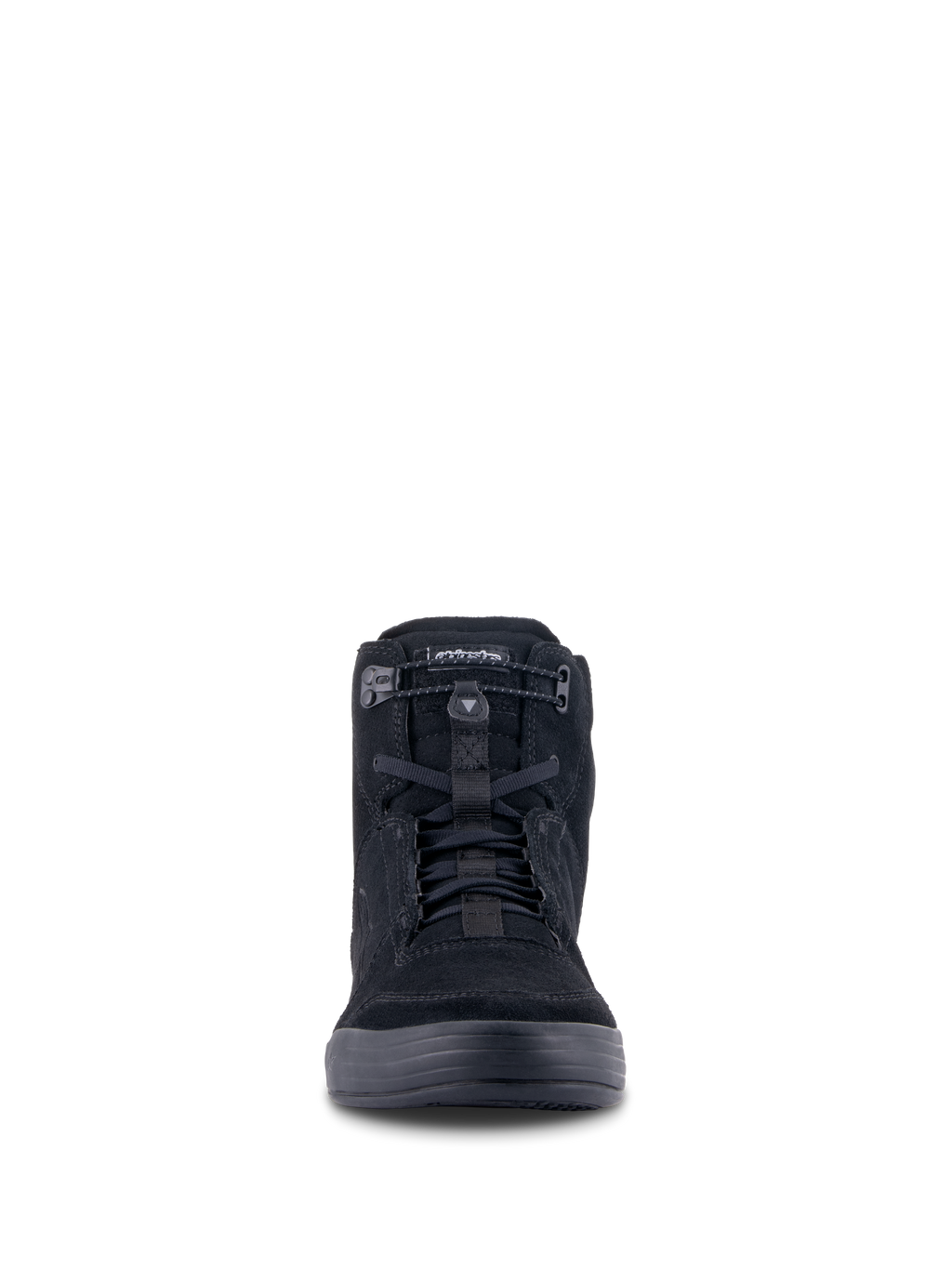 Alpinestars Chrome Shoes, calzado urbano para motocicleta, negro sobre negro, vista frontal que muestra la silueta de caña alta, material de ante dividido con cierre elástico superior y cordones negros, diseño casual de estilo urbano