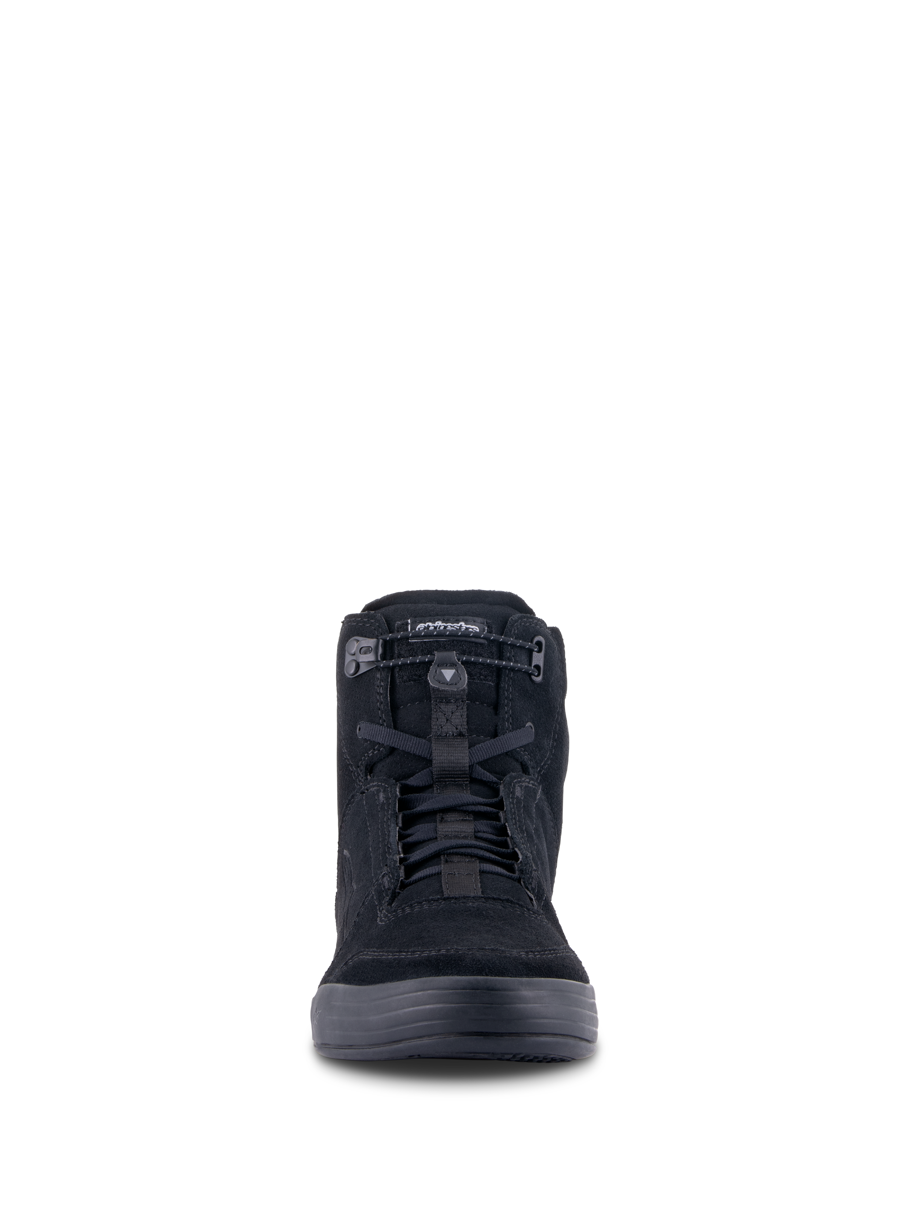 Alpinestars Chrome Shoes, calzado urbano para motocicleta, negro sobre negro, vista frontal que muestra la silueta de caña alta, material de ante dividido con cierre elástico superior y cordones negros, diseño casual de estilo urbano