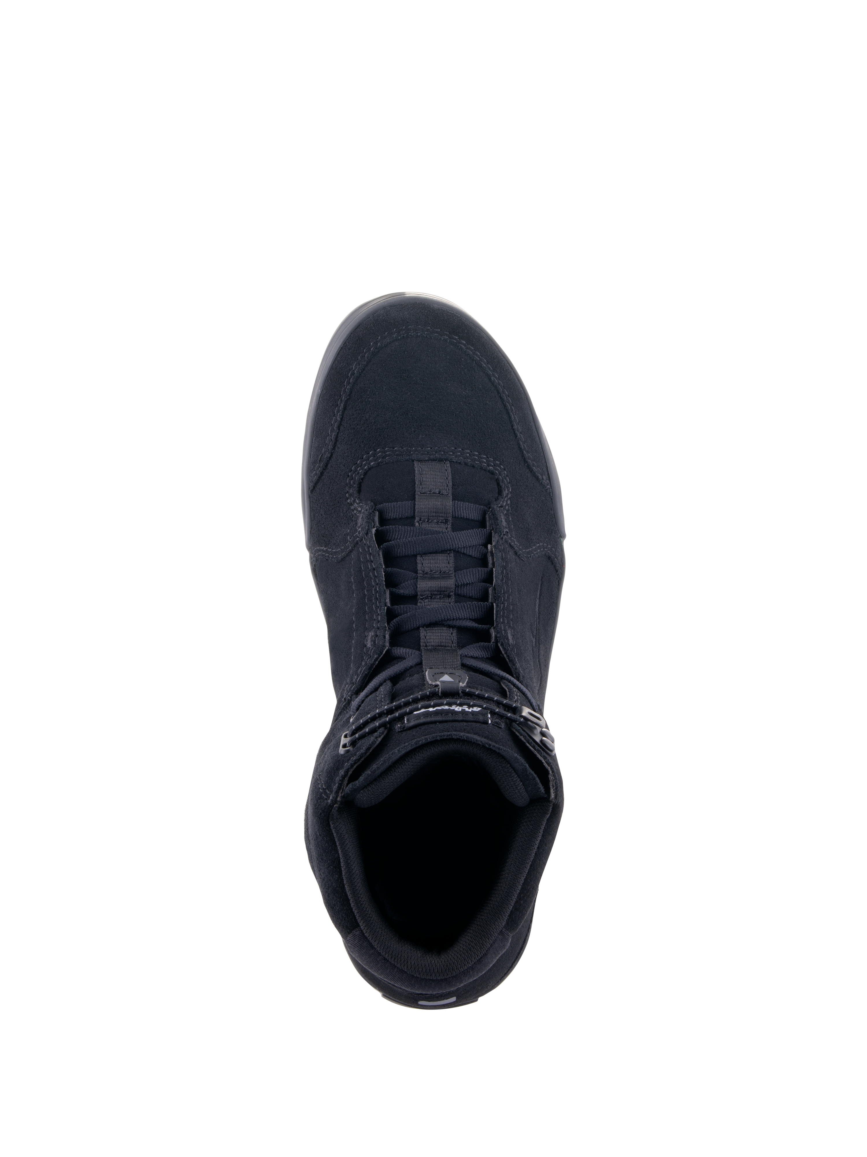 Zapatos de Montar Alpinestars Chrome, Negro Negro, vista desde arriba, con construcción de ante dividido, cierre de cordones con correa superior elástica, silueta urbana casual diseñada para la protección en moto
