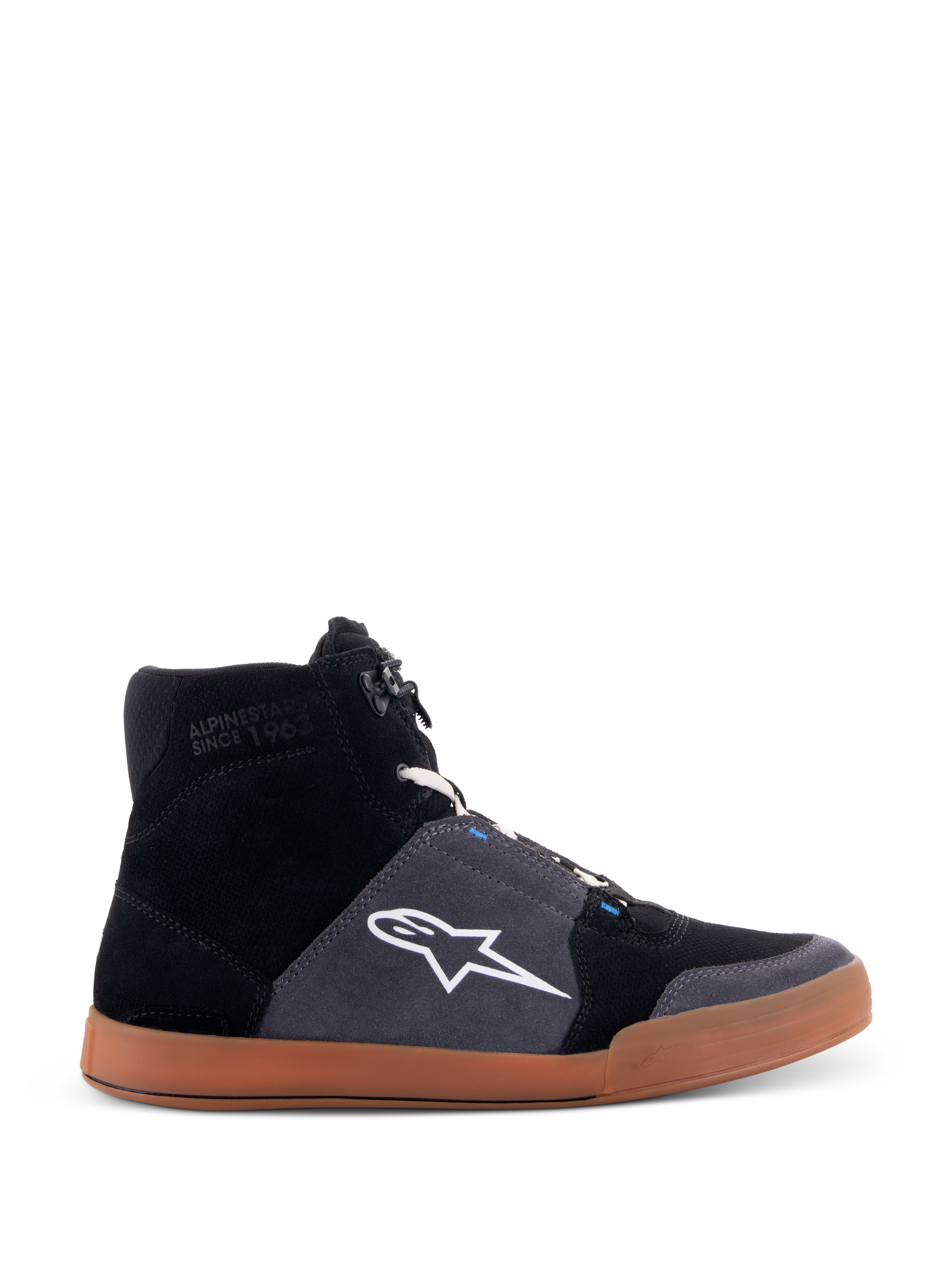Alpinestars Chrome Shoes, high-top motorcycle riding sneakers, black and asphalt gray suede upper, gum brown sole, white star logo on the side, white laces, casual urban style with integrated protective features